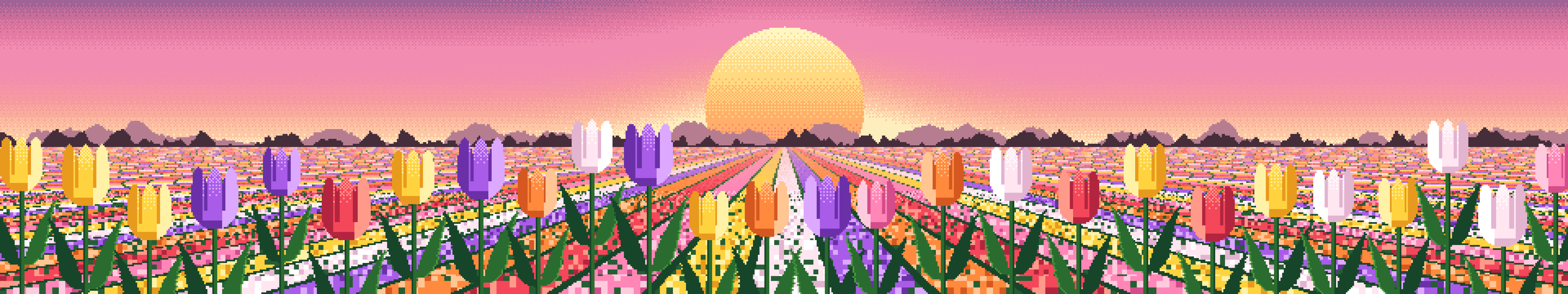 Pink Pixel Art Tulip Field triple monitor wallpaper, 7680 × 1440