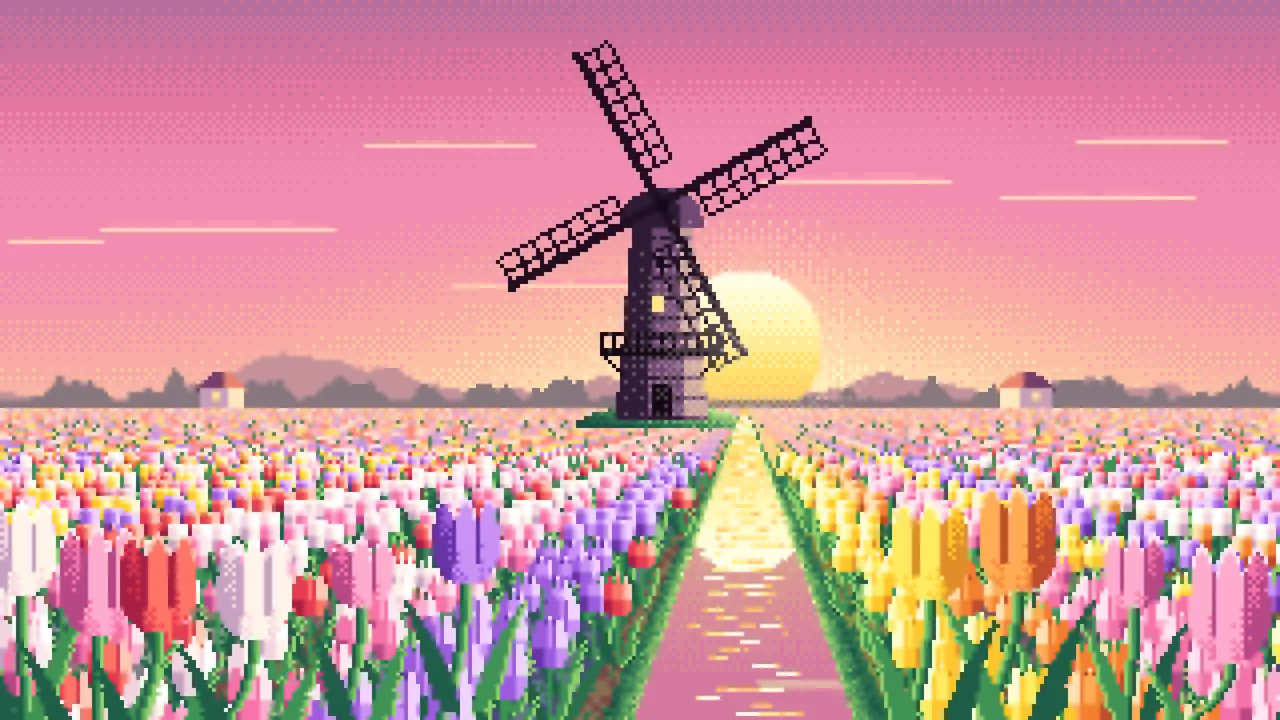 Pink Pixel Art Tulip Fields and Windmill at Sunrise desktop wallpaper in 4K