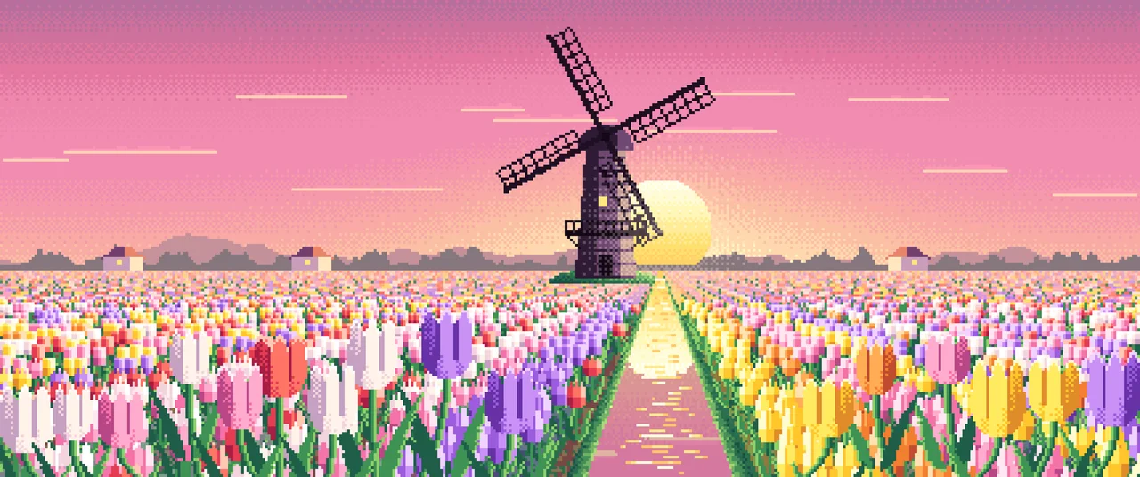 Pink Pixel Art Tulip Fields and Windmill at Sunrise ultrawide wallpaper, 3440 × 1440