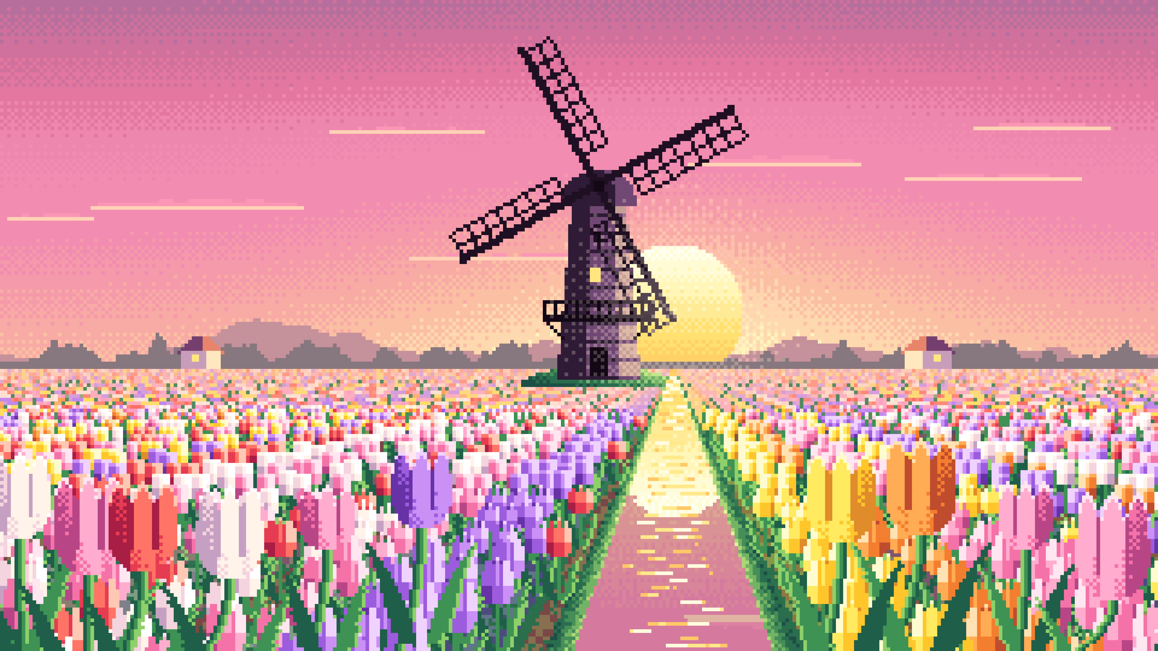 Pink Pixel Art Tulip Fields and Windmill at Sunrise desktop wallpaper in 4K