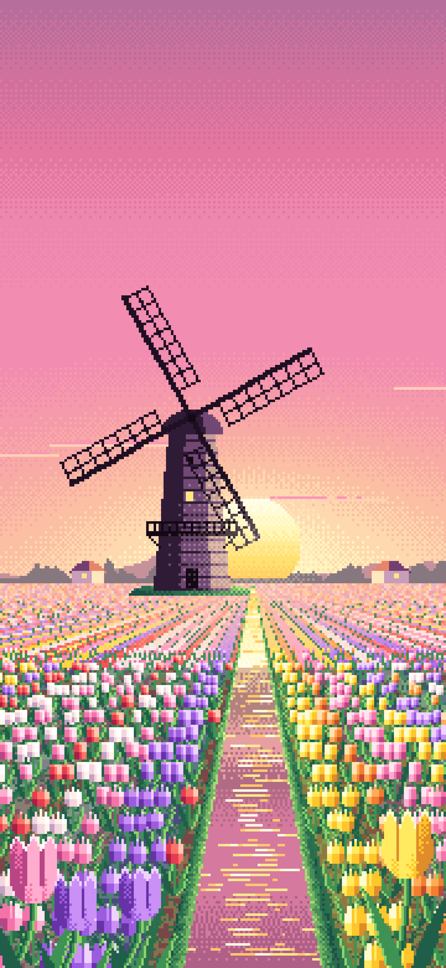 Pink Pixel Art Tulip Fields and Windmill at Sunrise wallpaper for iPhone and Android
