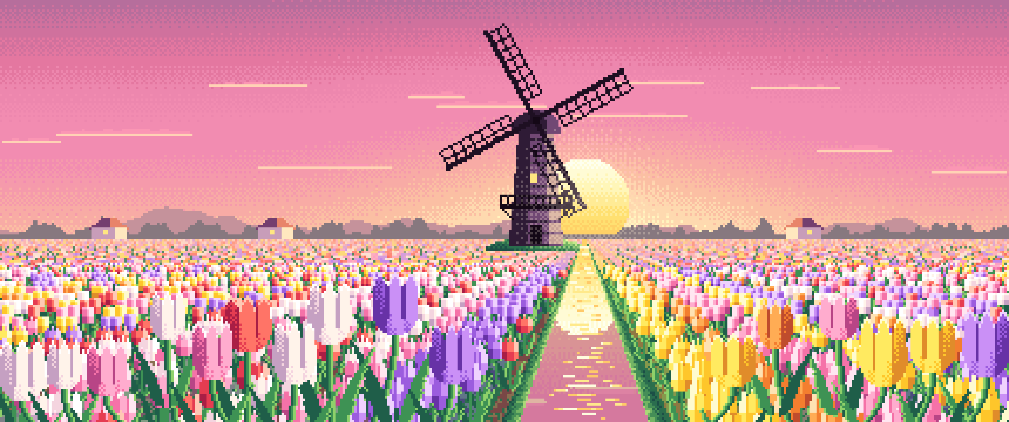 Pink Pixel Art Tulip Fields and Windmill at Sunrise ultrawide wallpaper, 3440 × 1440