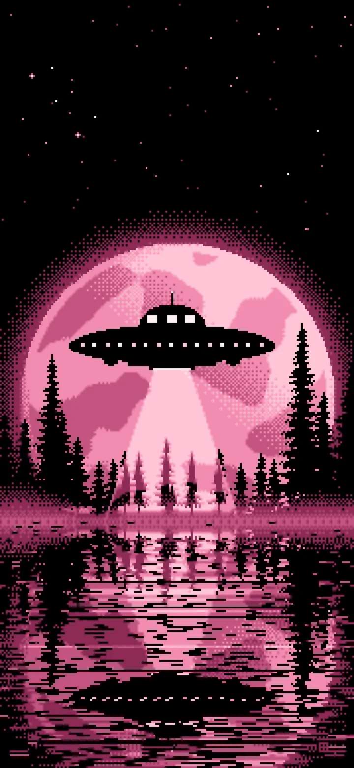 Pink Pixel Art UFO and Full Moon wallpaper for iPhone and Android
