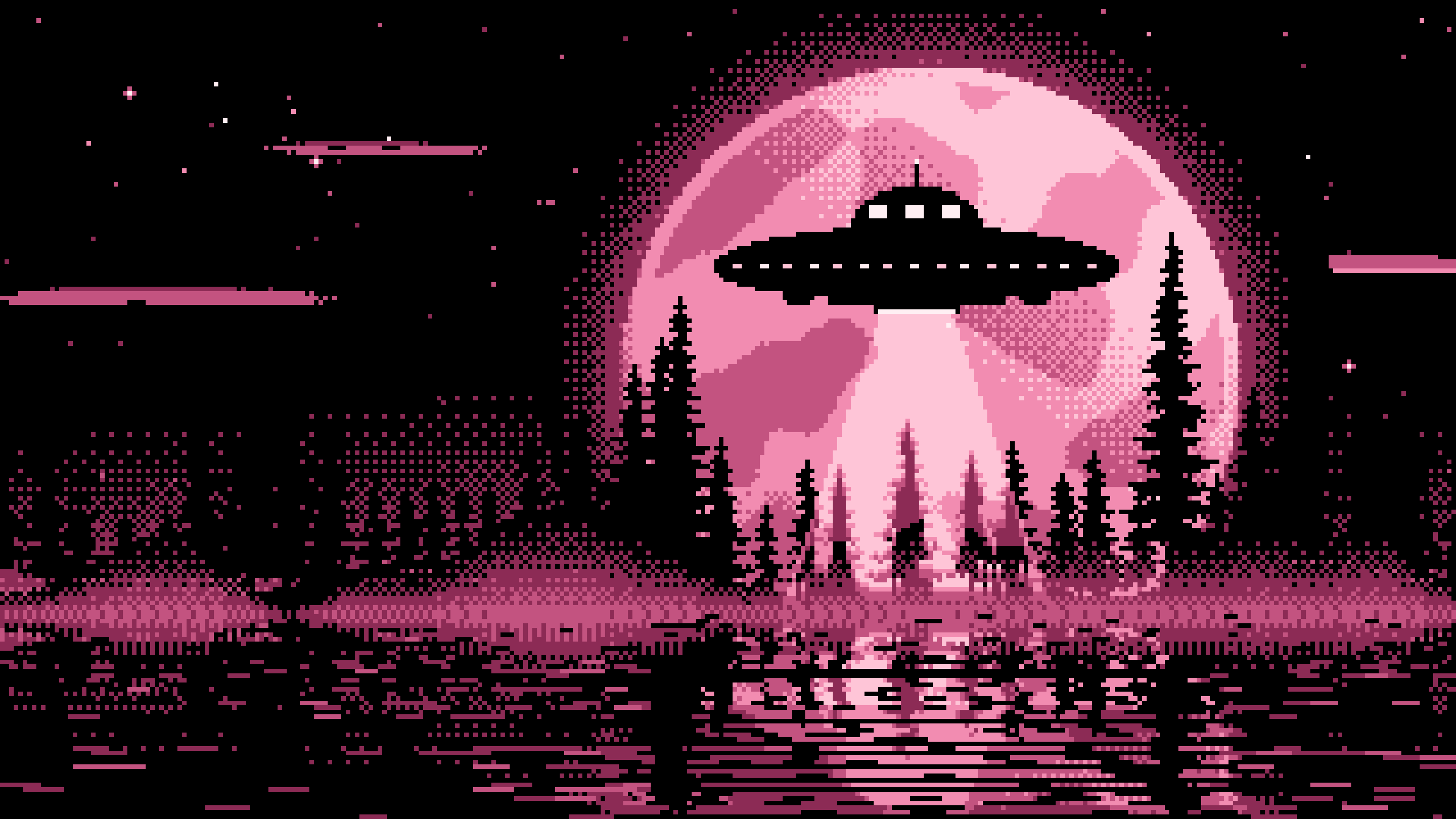 Pink Pixel Art UFO and Full Moon desktop wallpaper in 4K