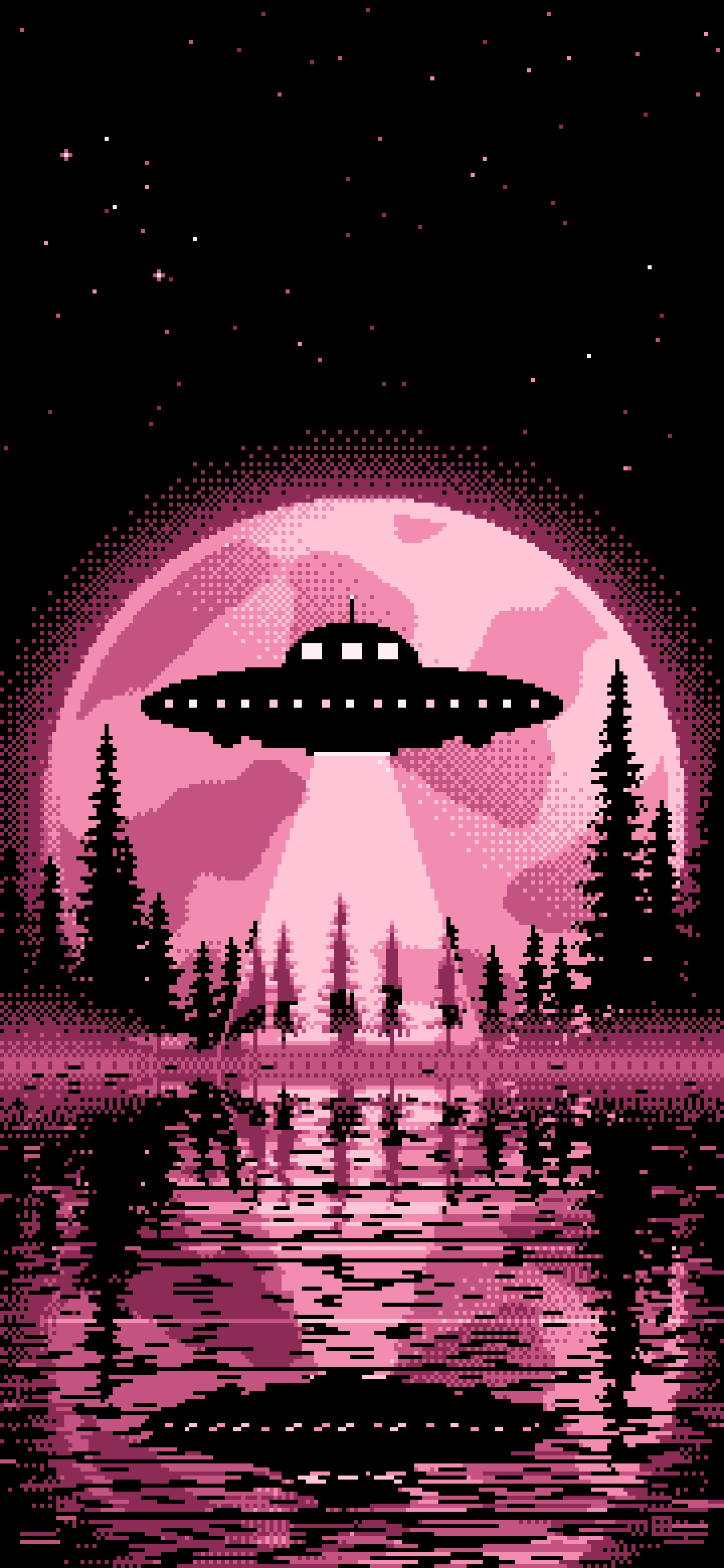 Pink Pixel Art UFO and Full Moon wallpaper for iPhone and Android