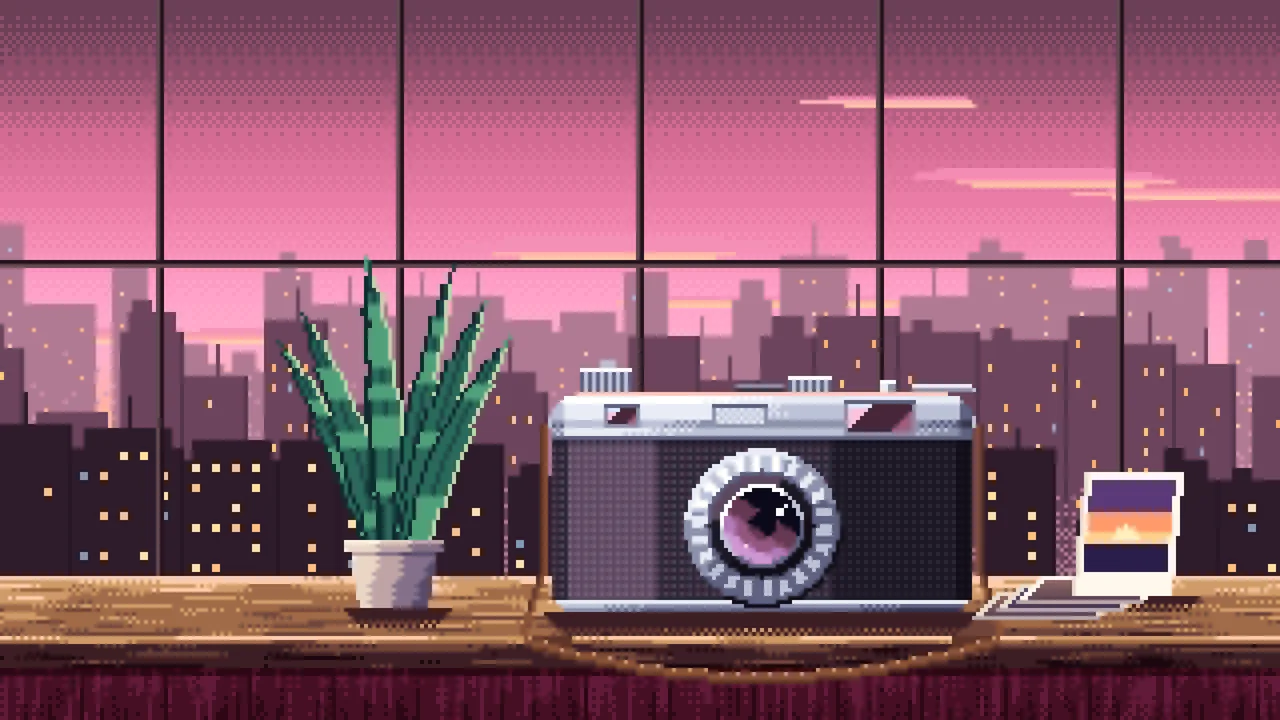 Pink Pixel Art Vintage Camera on a Windowsill at Dusk desktop wallpaper in 4K