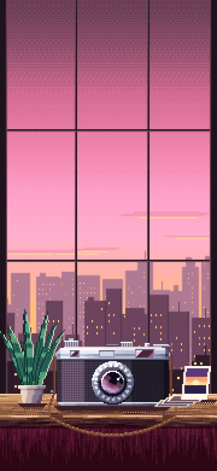 Pink Pixel Art Vintage Camera on a Windowsill at Dusk wallpaper for iPhone and Android