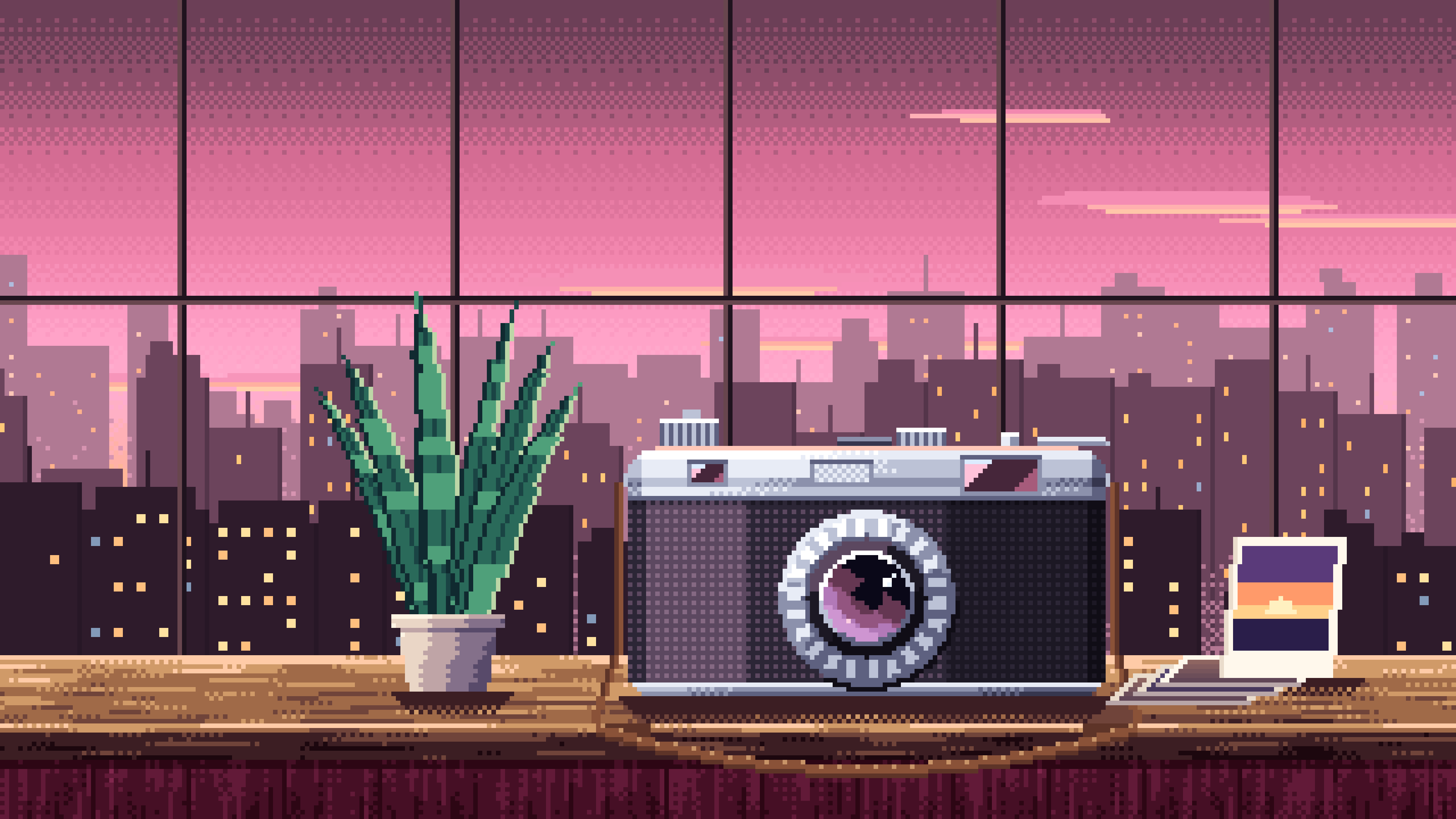 Pink Pixel Art Vintage Camera on a Windowsill at Dusk desktop wallpaper in 4K