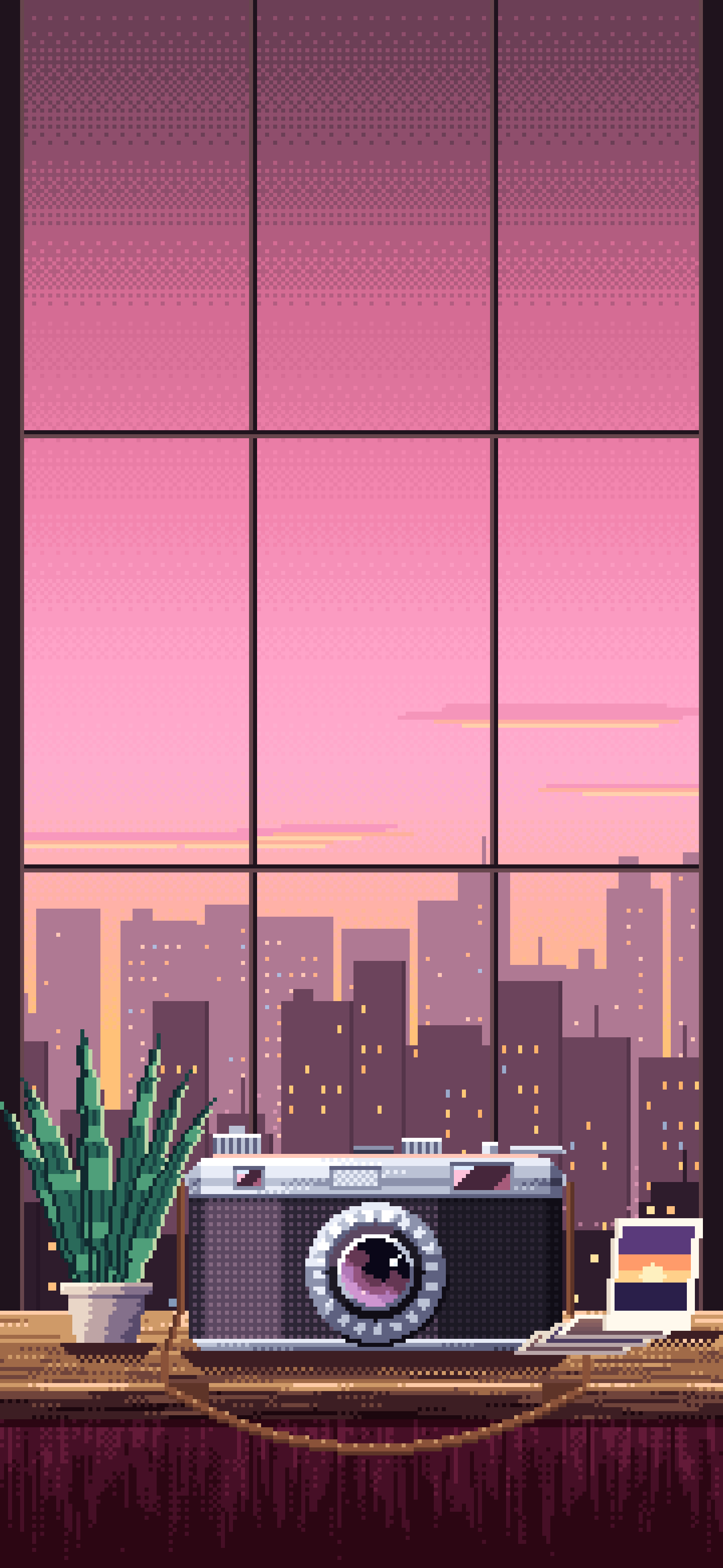Pink Pixel Art Vintage Camera on a Windowsill at Dusk wallpaper for iPhone and Android