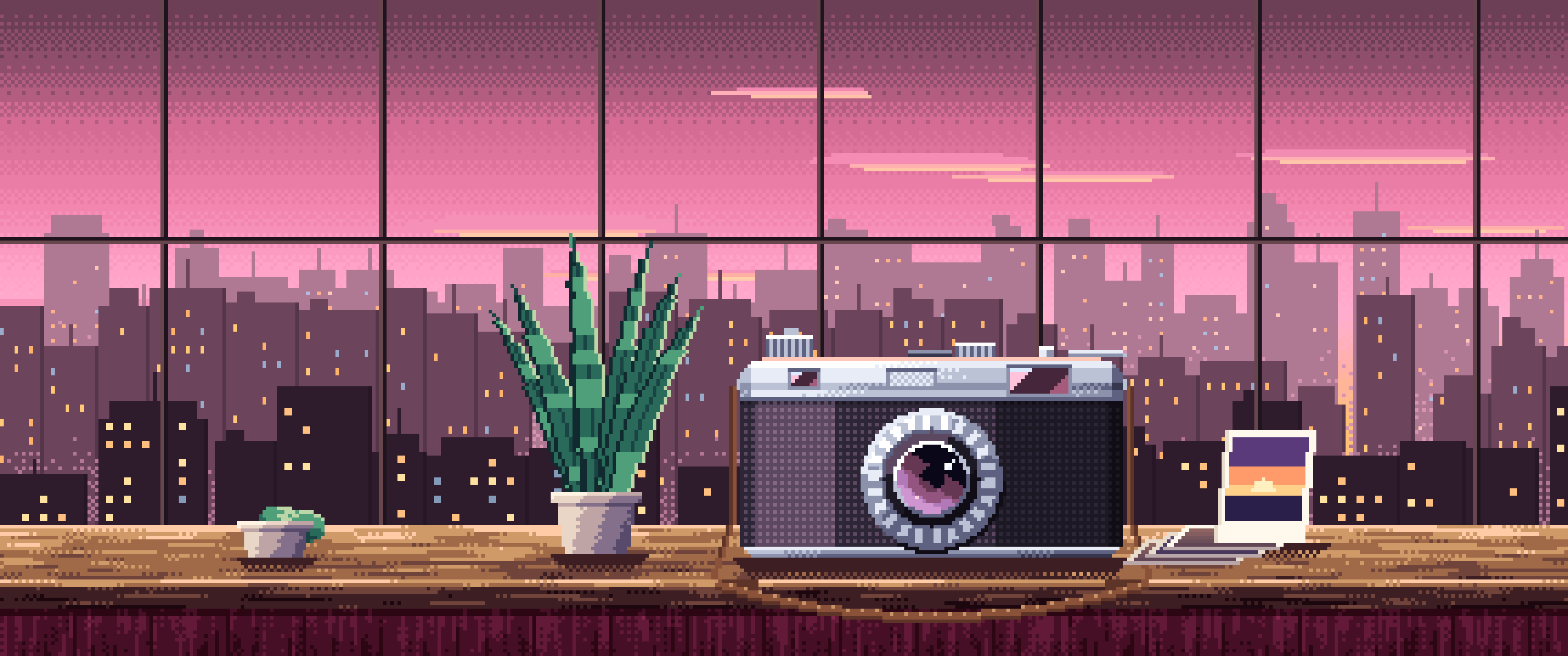 Pink Pixel Art Vintage Camera on a Windowsill at Dusk ultrawide wallpaper, 3440 × 1440