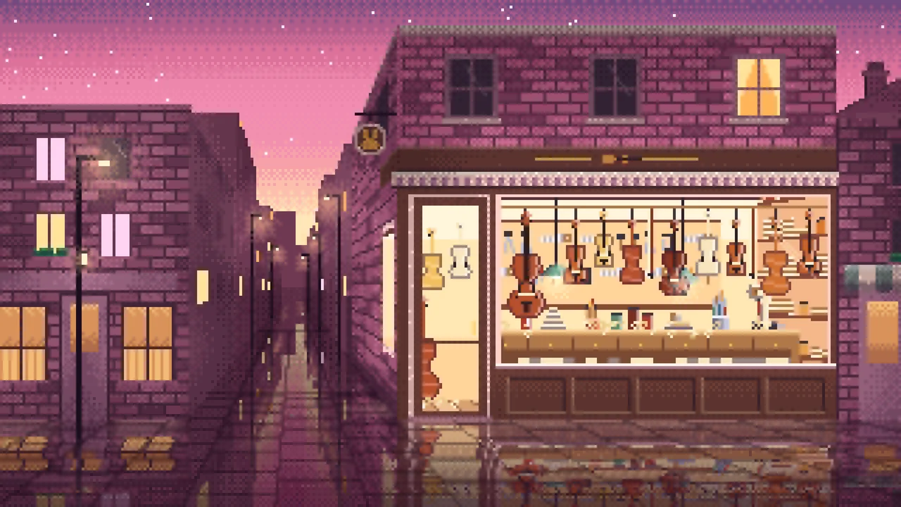 Pink Pixel Art Violin Workshop desktop wallpaper in 4K