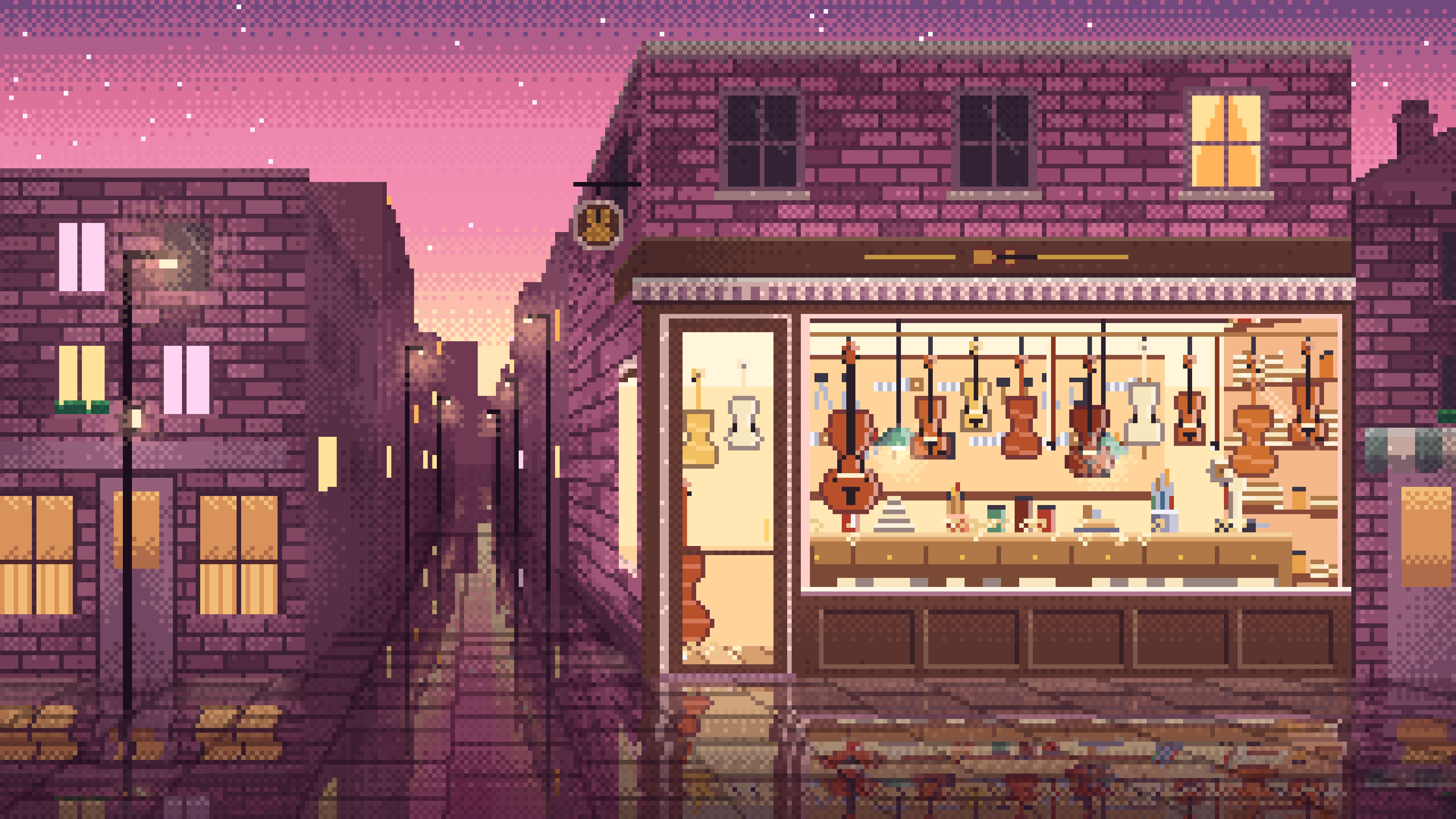 Pink Pixel Art Violin Workshop desktop wallpaper in 4K