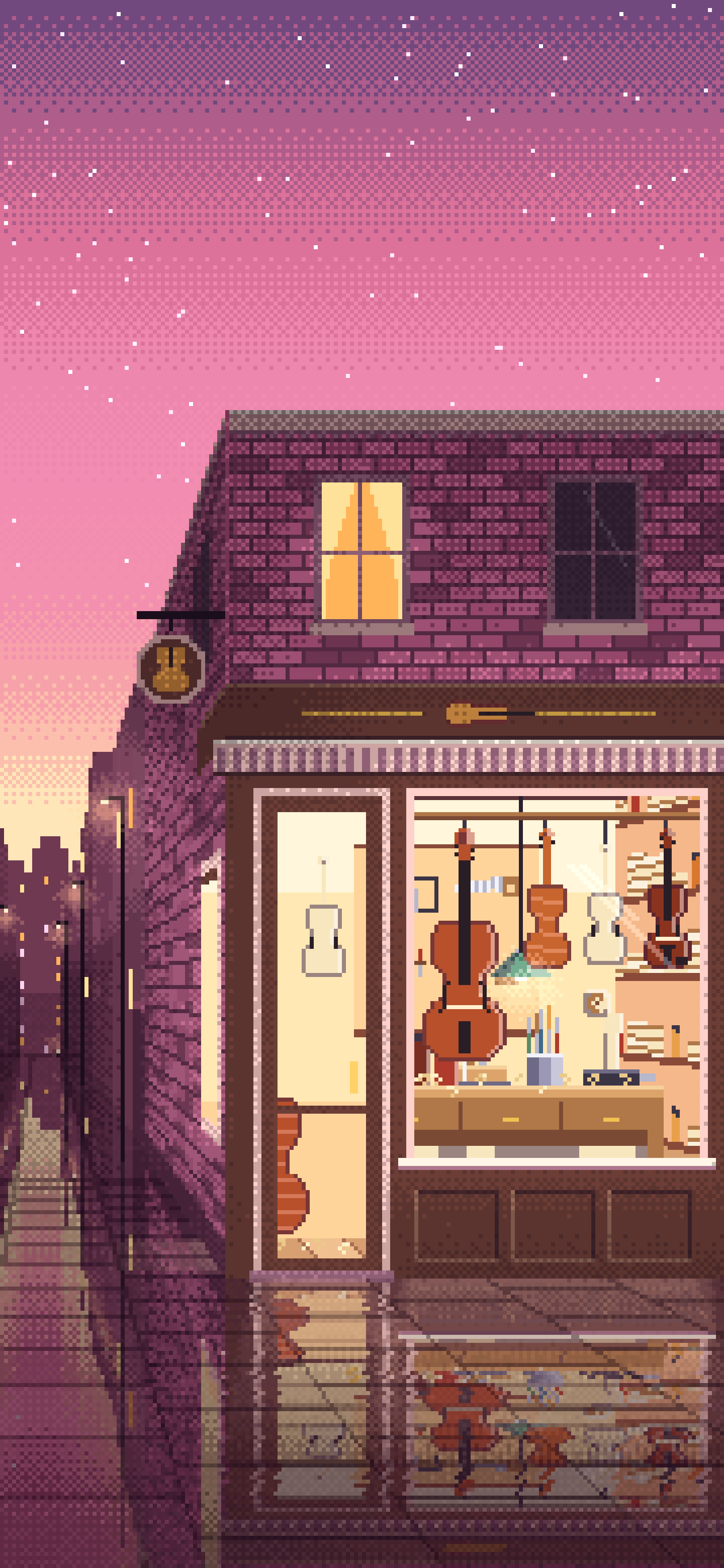 Pink Pixel Art Violin Workshop wallpaper for iPhone and Android