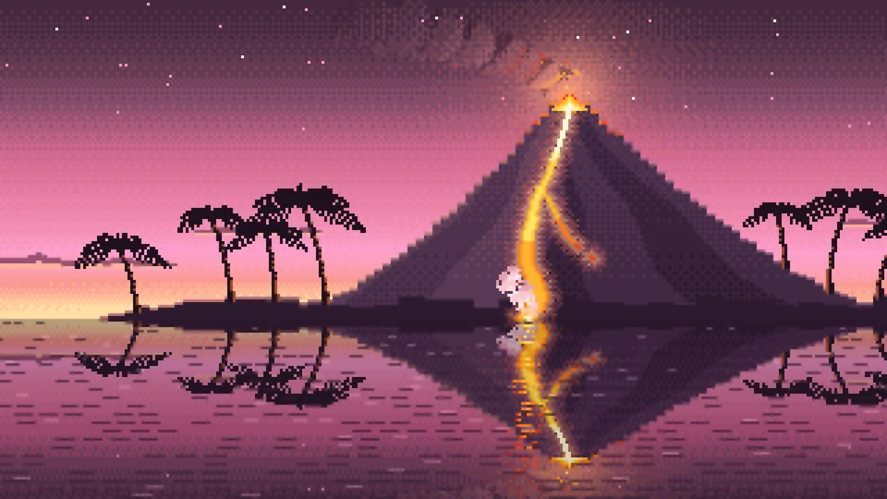 Pink Pixel Art Volcano Island at Dusk desktop wallpaper in 4K