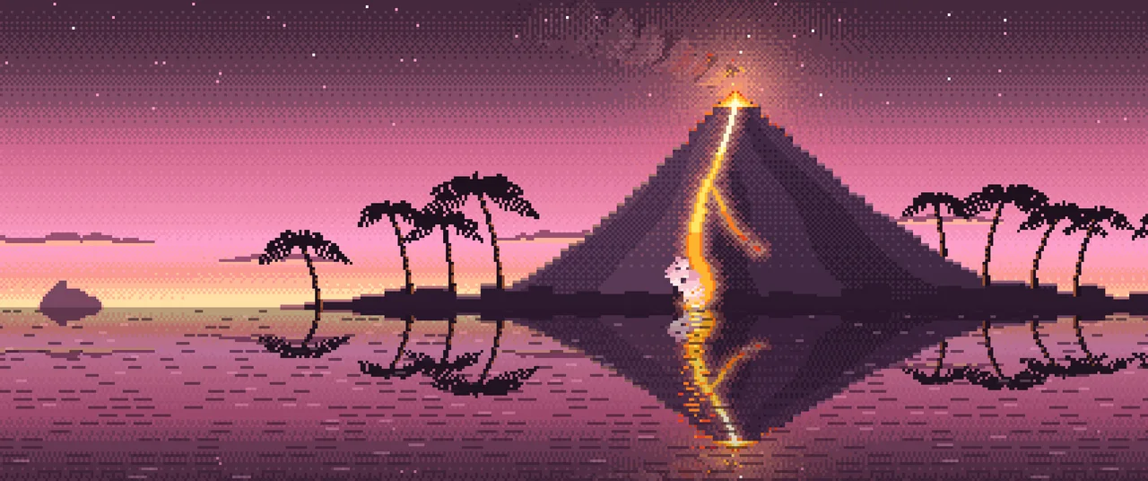Pink Pixel Art Volcano Island at Dusk ultrawide wallpaper, 3440 × 1440