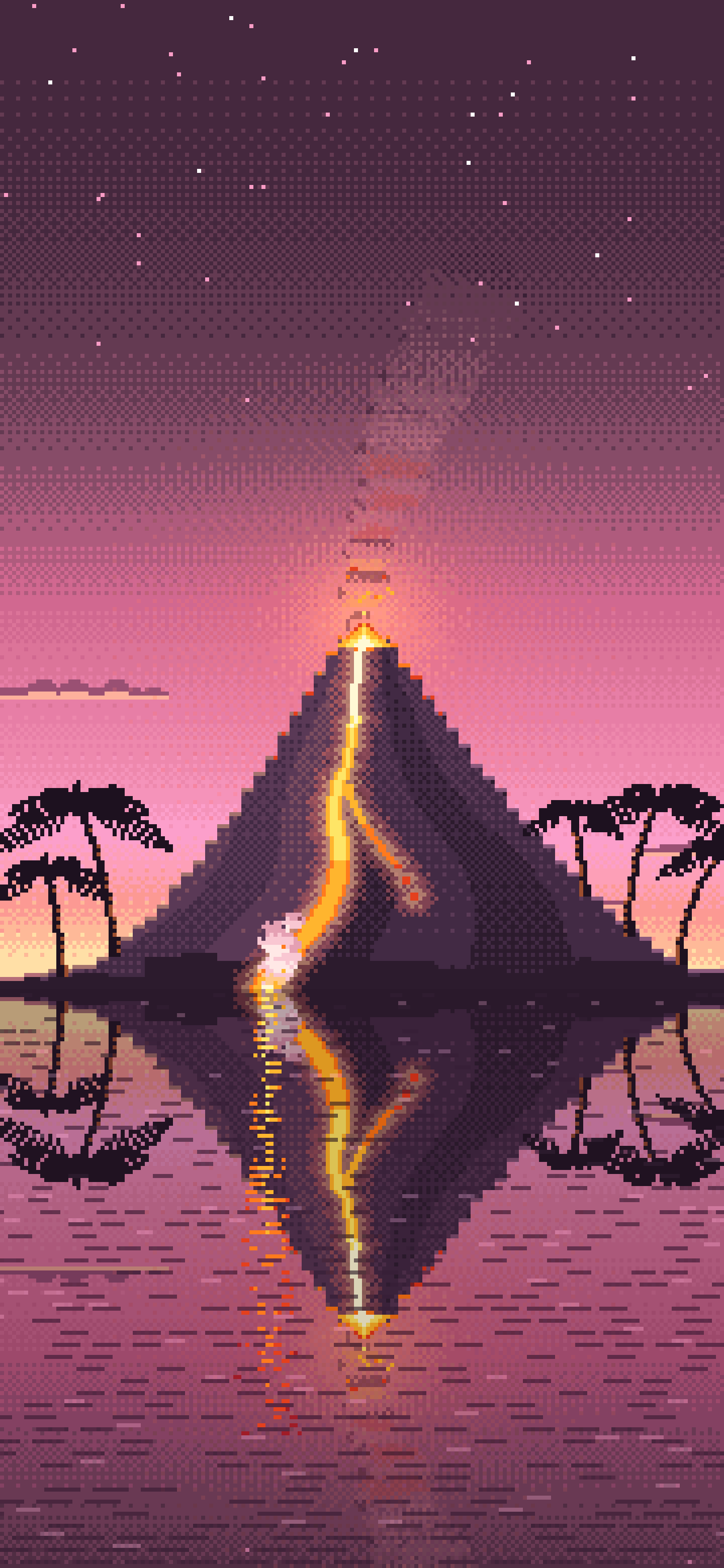 Pink Pixel Art Volcano Island at Dusk wallpaper for iPhone and Android