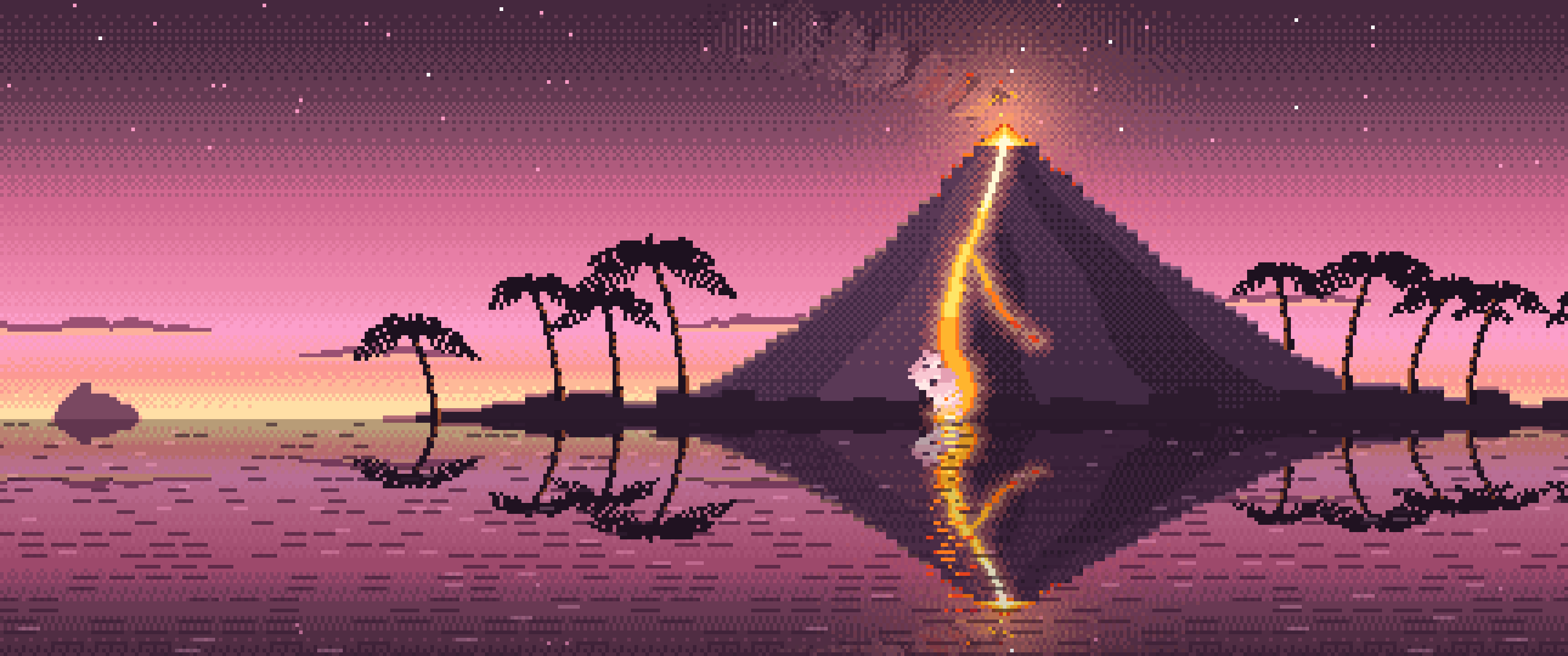 Pink Pixel Art Volcano Island at Dusk ultrawide wallpaper, 3440 × 1440