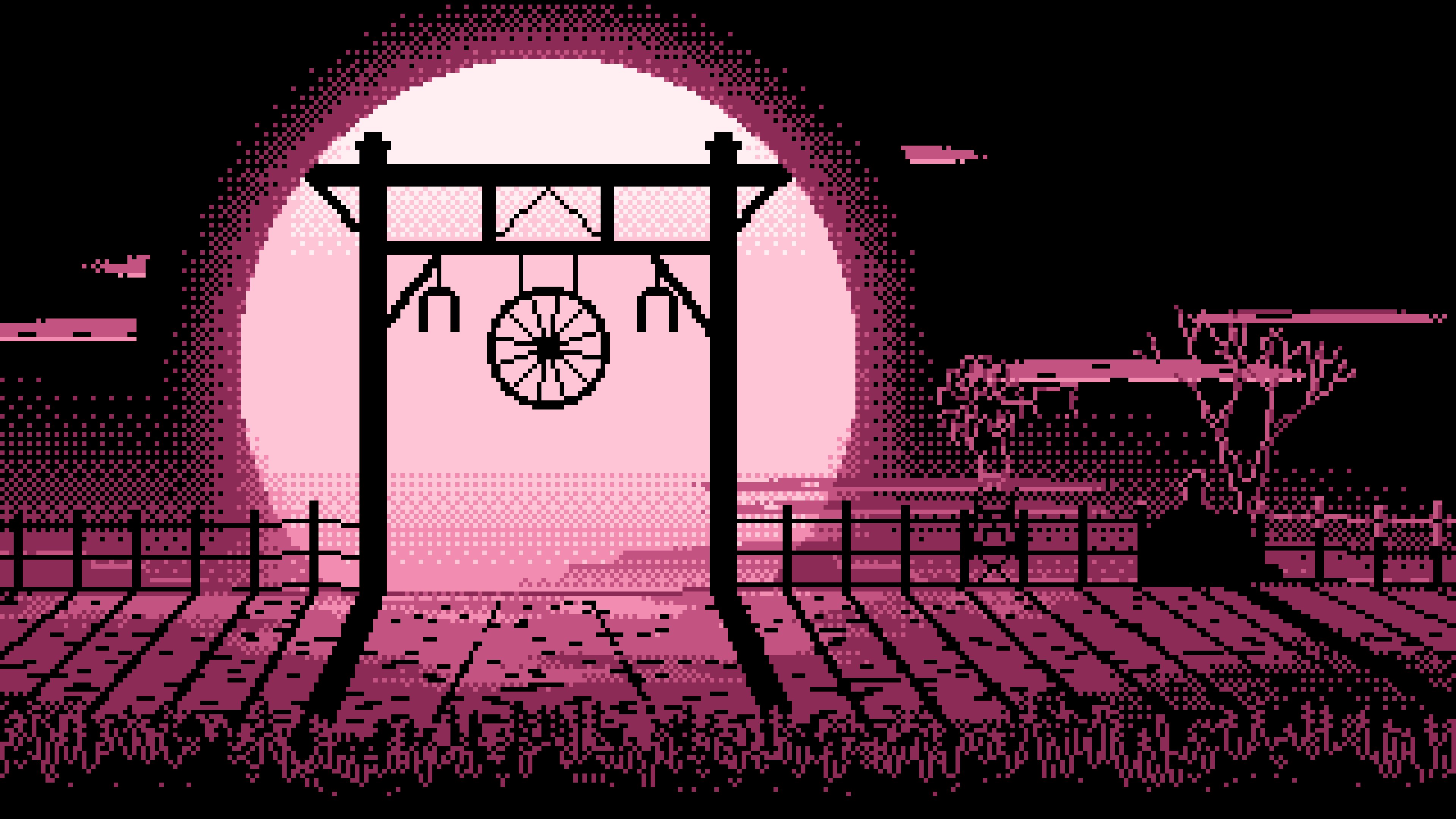 Pink Pixel Art Western Ranch Gate desktop wallpaper in 4K