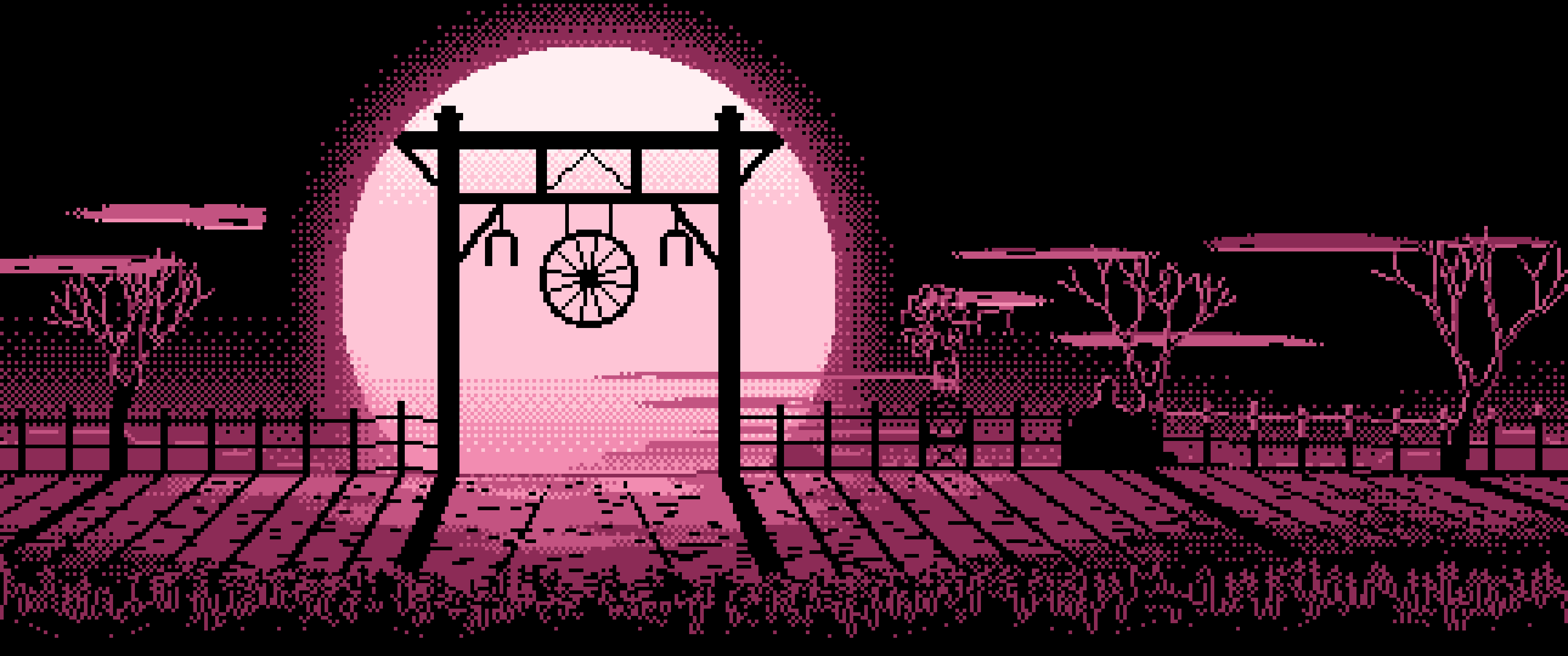 Pink Pixel Art Western Ranch Gate ultrawide wallpaper, 3440 × 1440