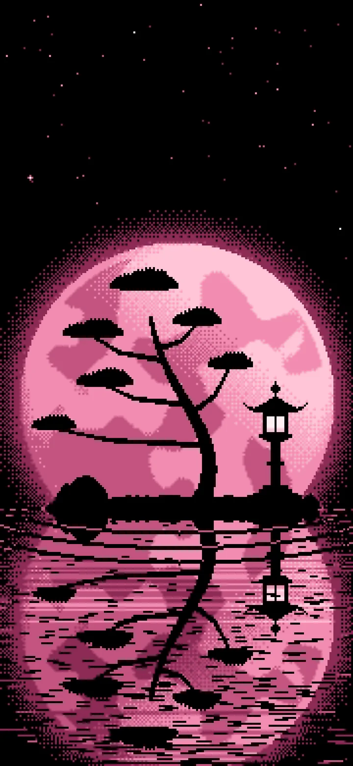 Pink Pixel Art Zen Stone Lantern and Full Moon wallpaper for iPhone and Android