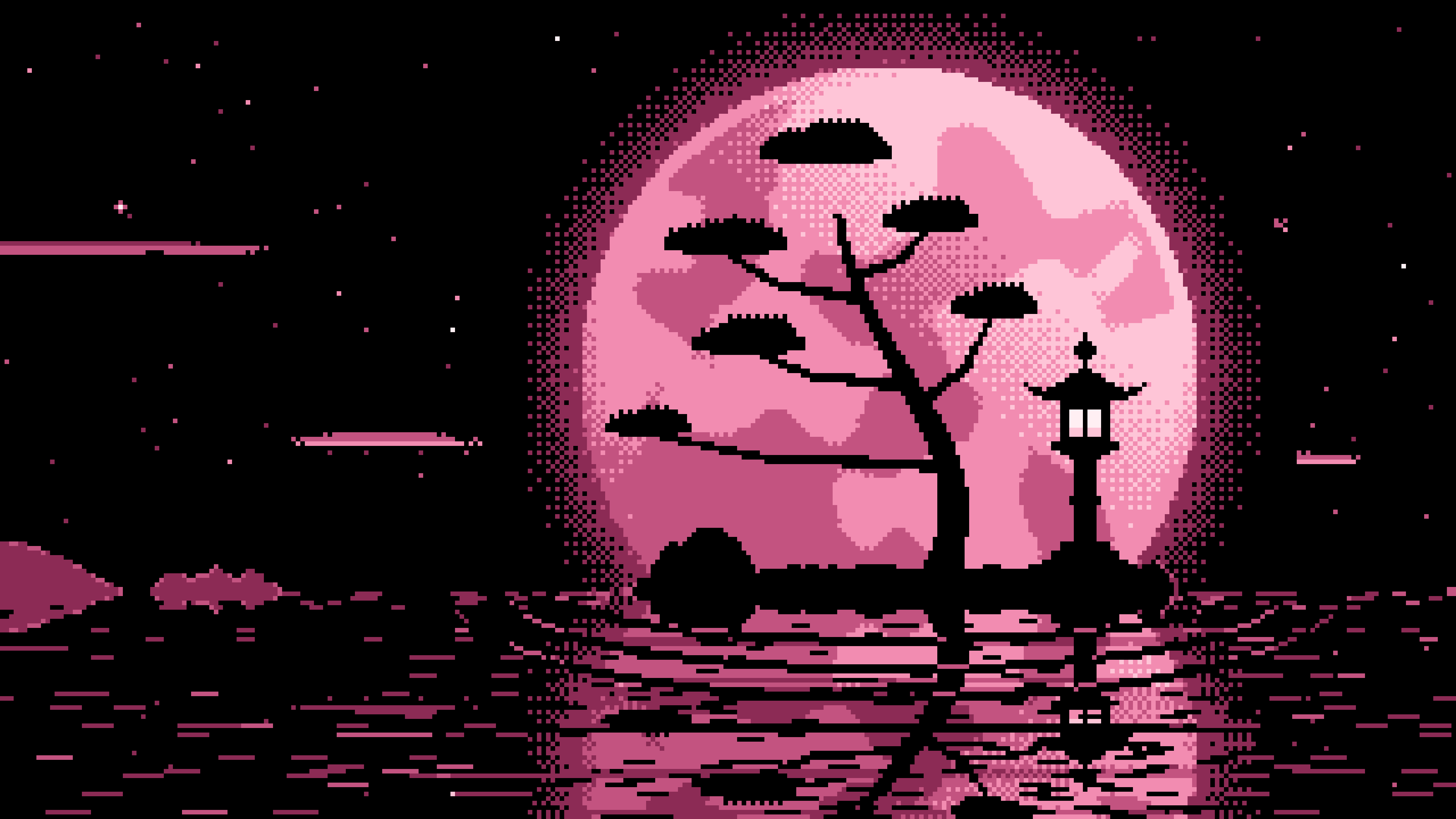 Pink Pixel Art Zen Stone Lantern and Full Moon desktop wallpaper in 4K