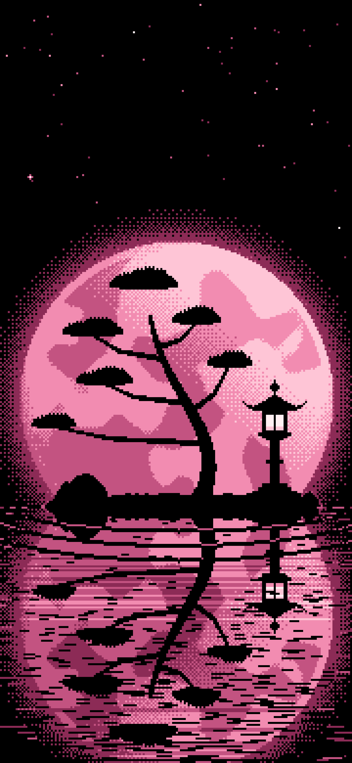 Pink Pixel Art Zen Stone Lantern and Full Moon wallpaper for iPhone and Android