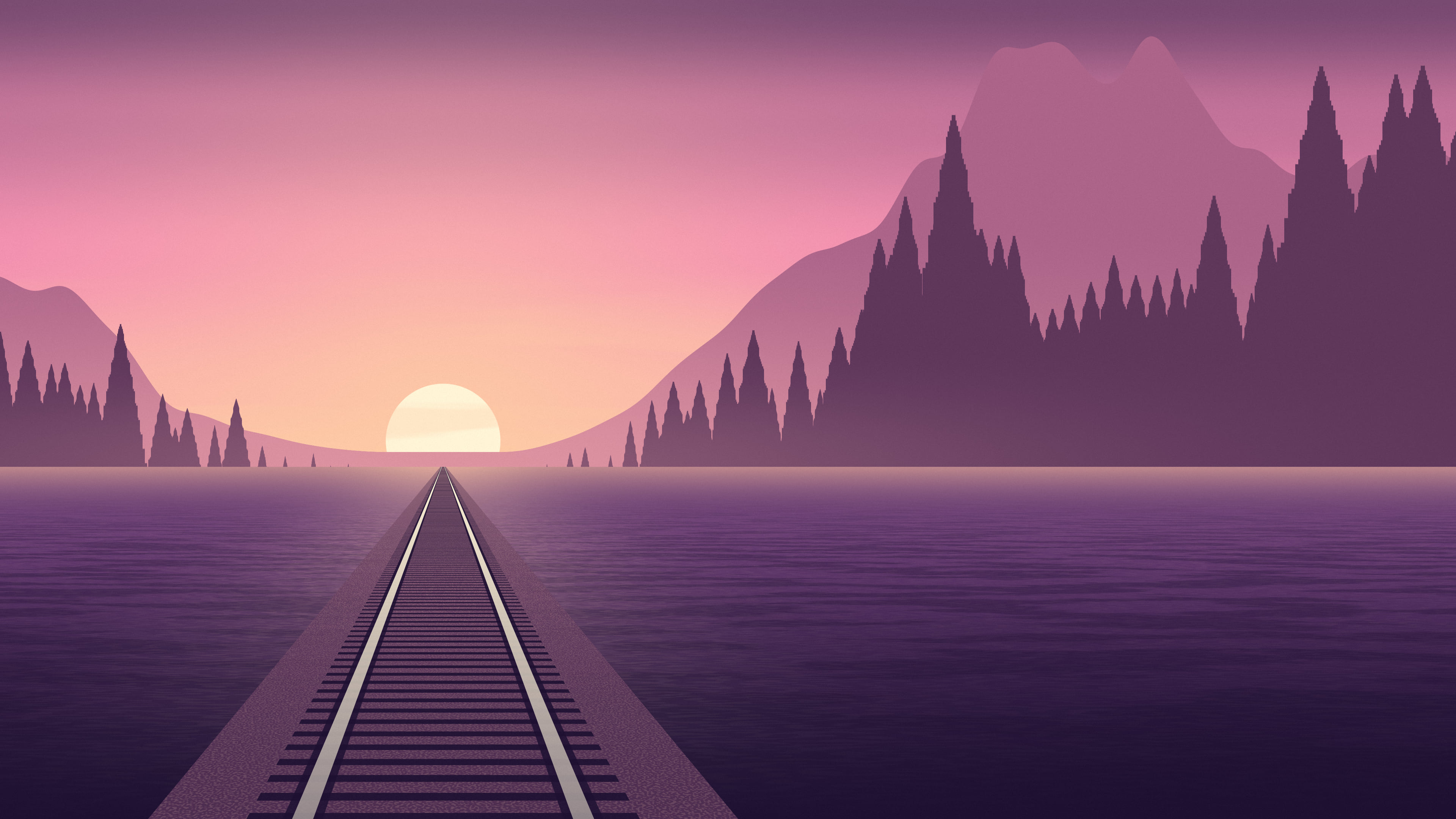 Pink Railway Tracks at Sunset desktop wallpaper in 4K