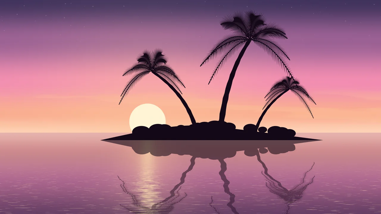 Pink Tropical Island Sunset desktop wallpaper in 4K