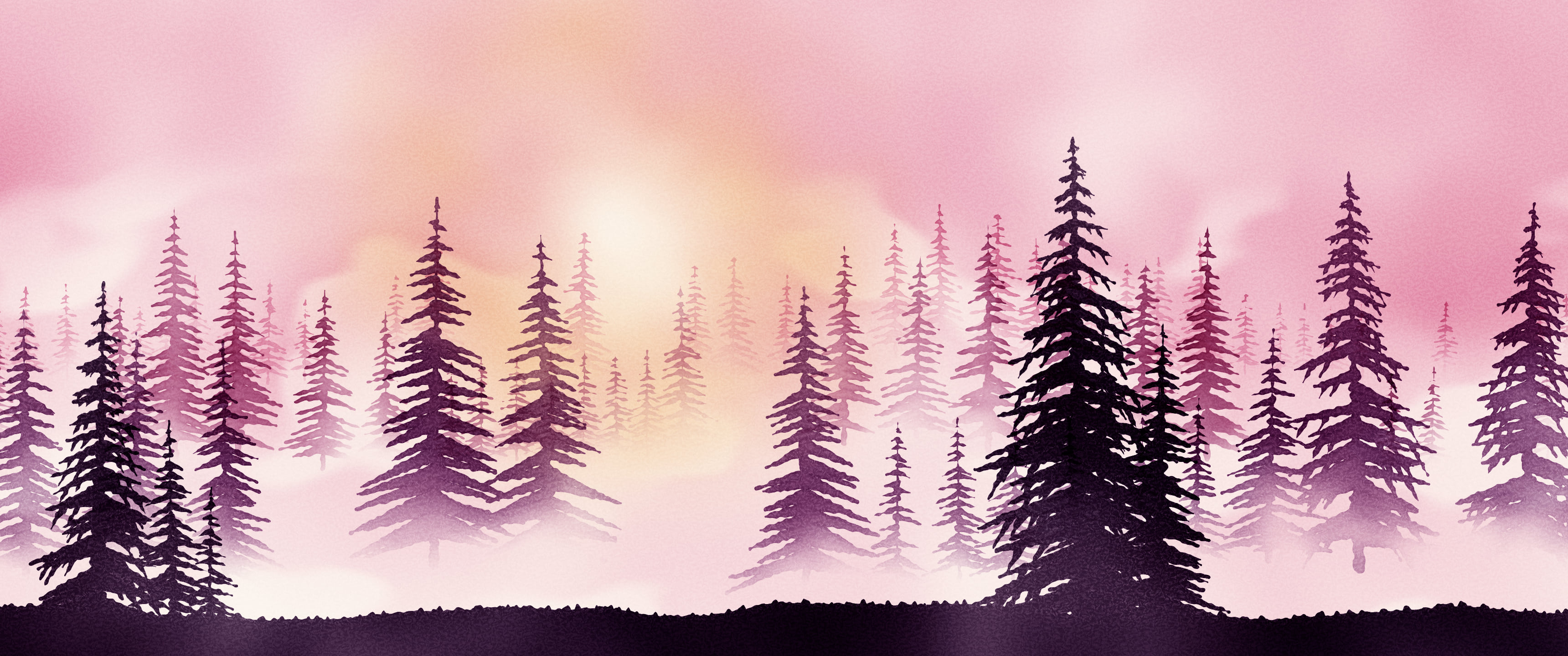 Pink Watercolor Misty Forest ultrawide wallpaper, 3440 × 1440