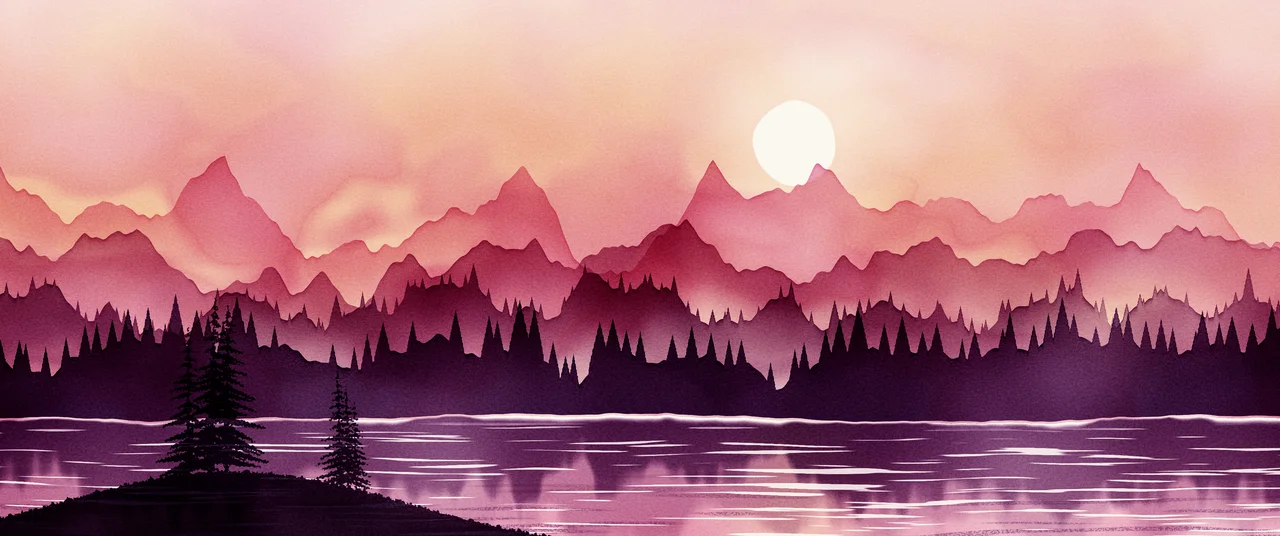 Pink Watercolor Mountain Landscape ultrawide wallpaper, 3440 × 1440