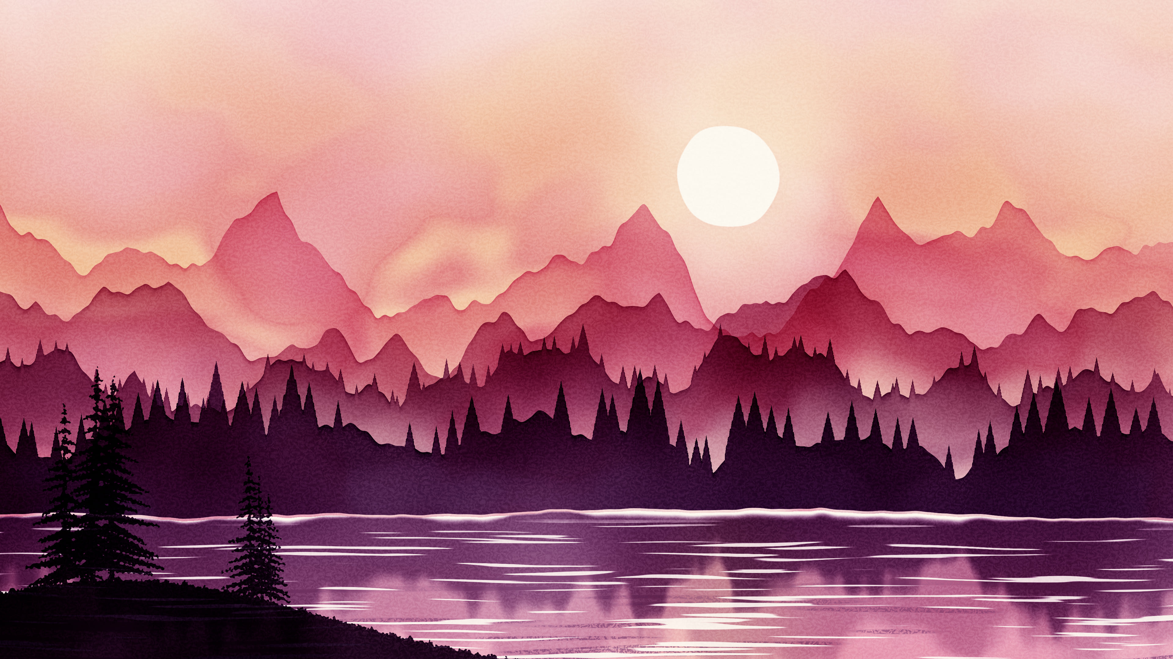 Pink Watercolor Mountain Landscape desktop wallpaper in 4K