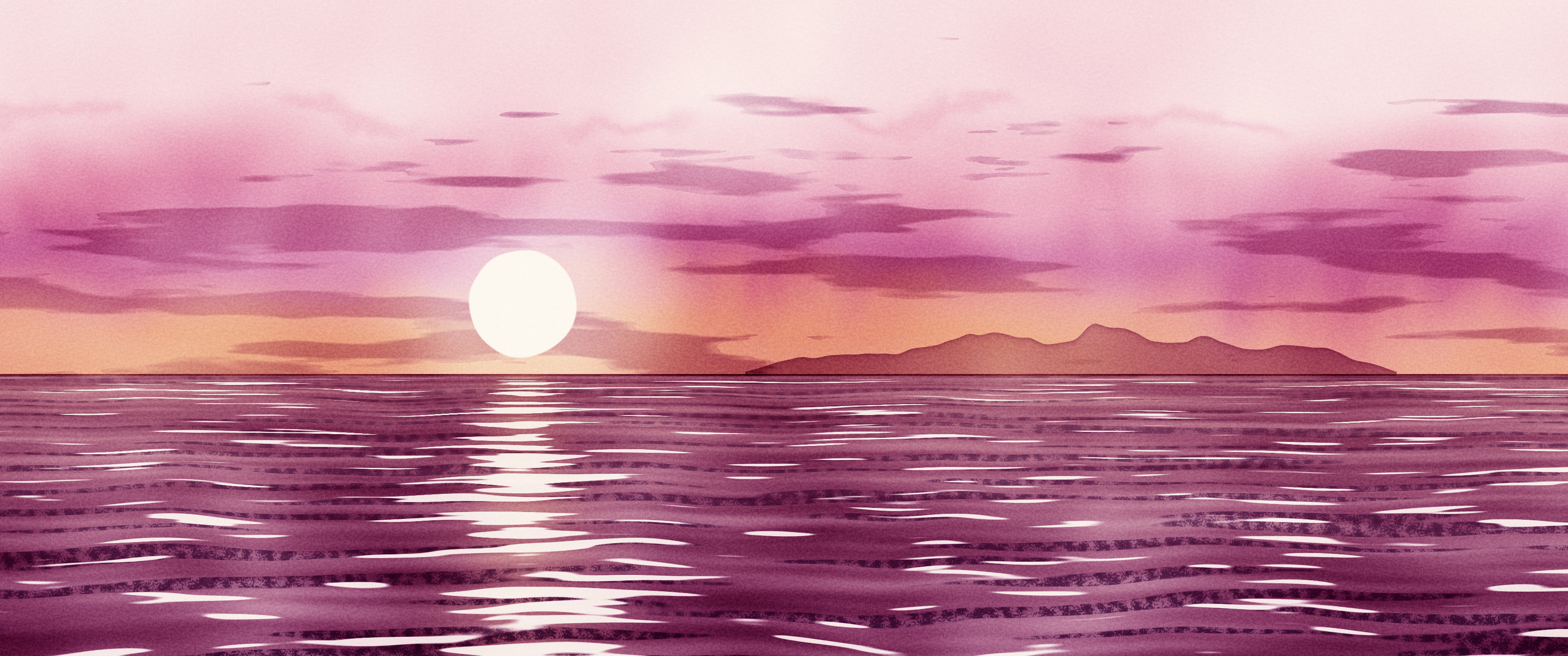 Pink Watercolor Ocean Sunset ultrawide wallpaper, 3440 × 1440
