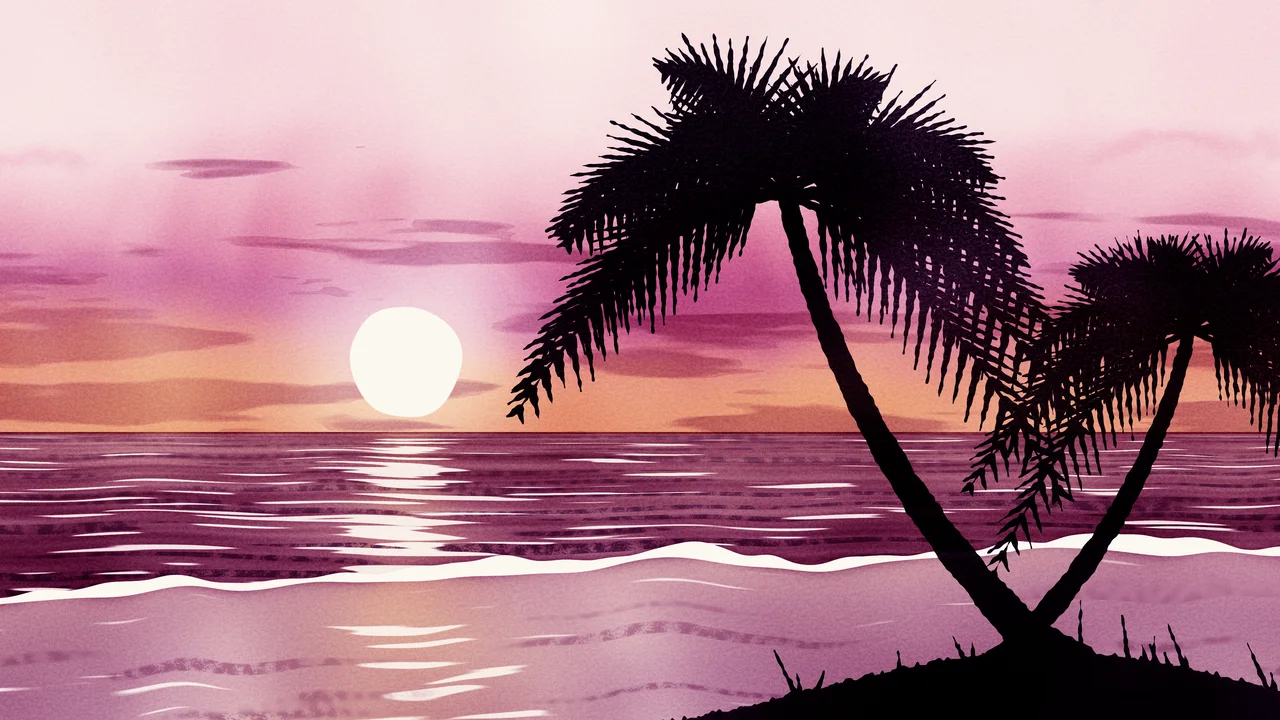 Pink Watercolor Palm Tree Beach Sunset desktop wallpaper in 4K
