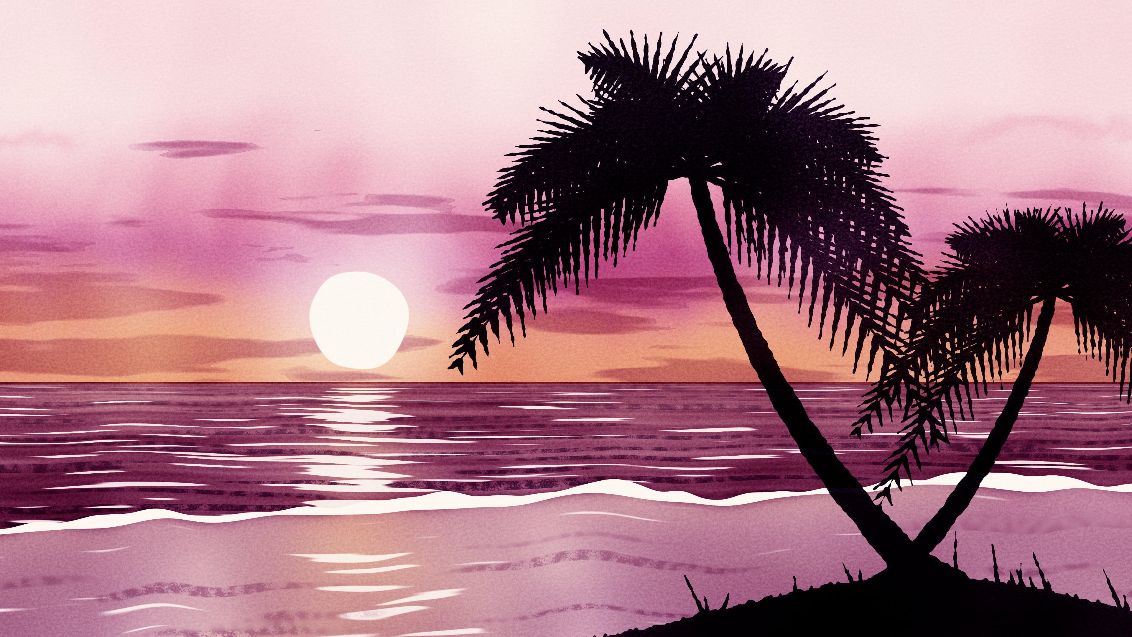 Pink Watercolor Palm Tree Beach Sunset desktop wallpaper in 4K
