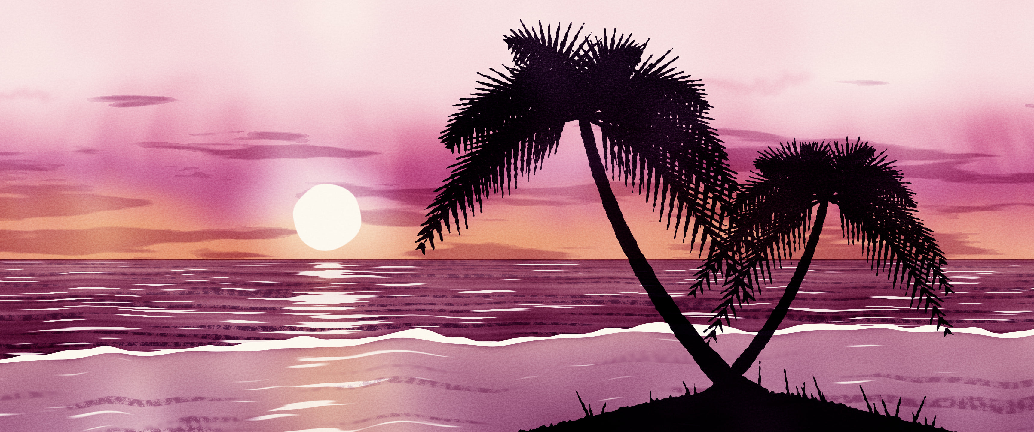 Pink Watercolor Palm Tree Beach Sunset ultrawide wallpaper, 3440 × 1440