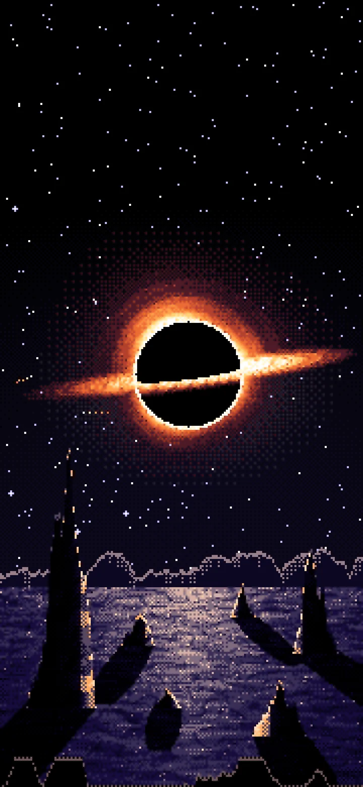 Pixel Art Black Hole Over an Alien World wallpaper for iPhone and Android