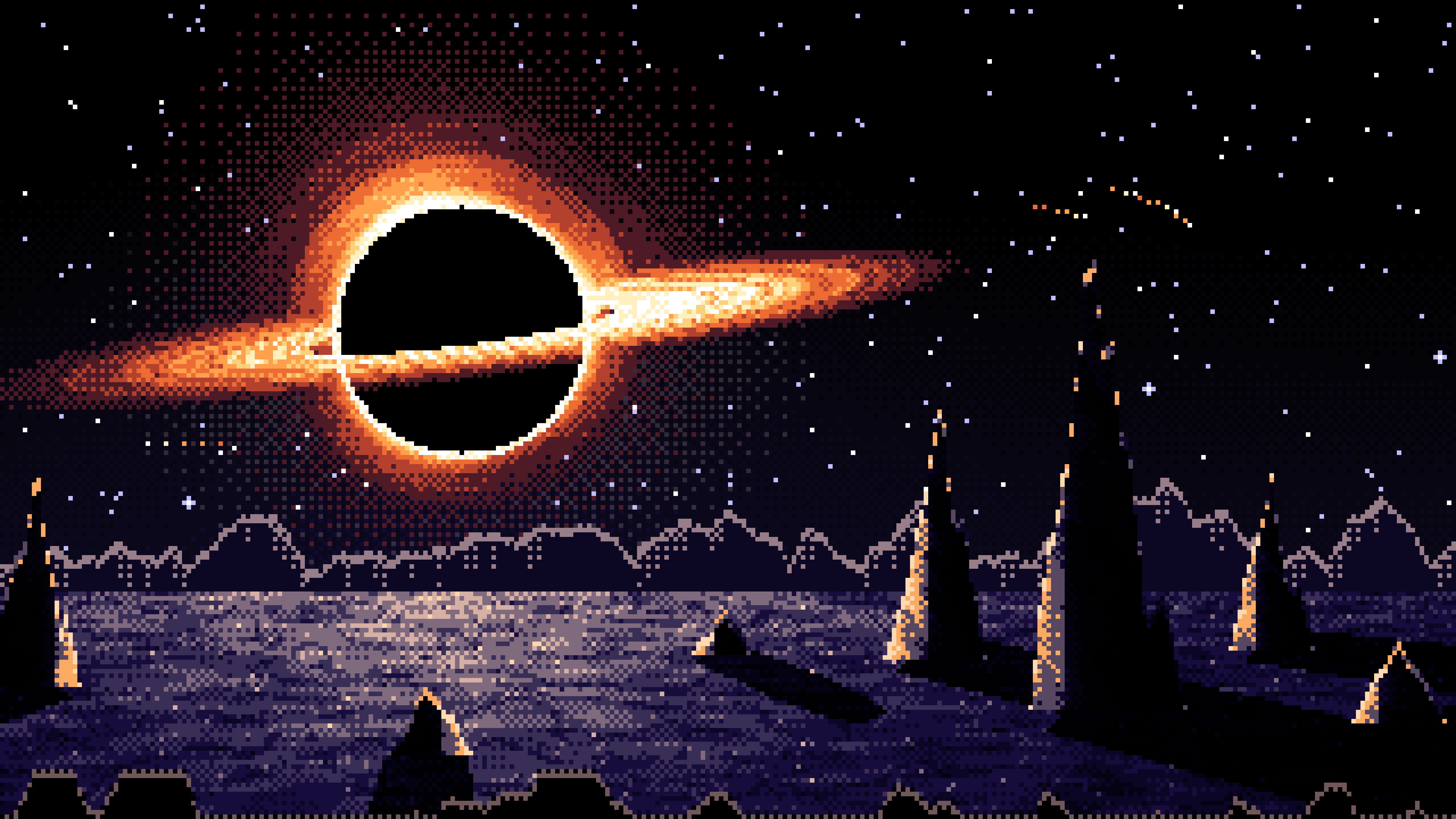 Pixel Art Black Hole Over an Alien World desktop wallpaper in 4K