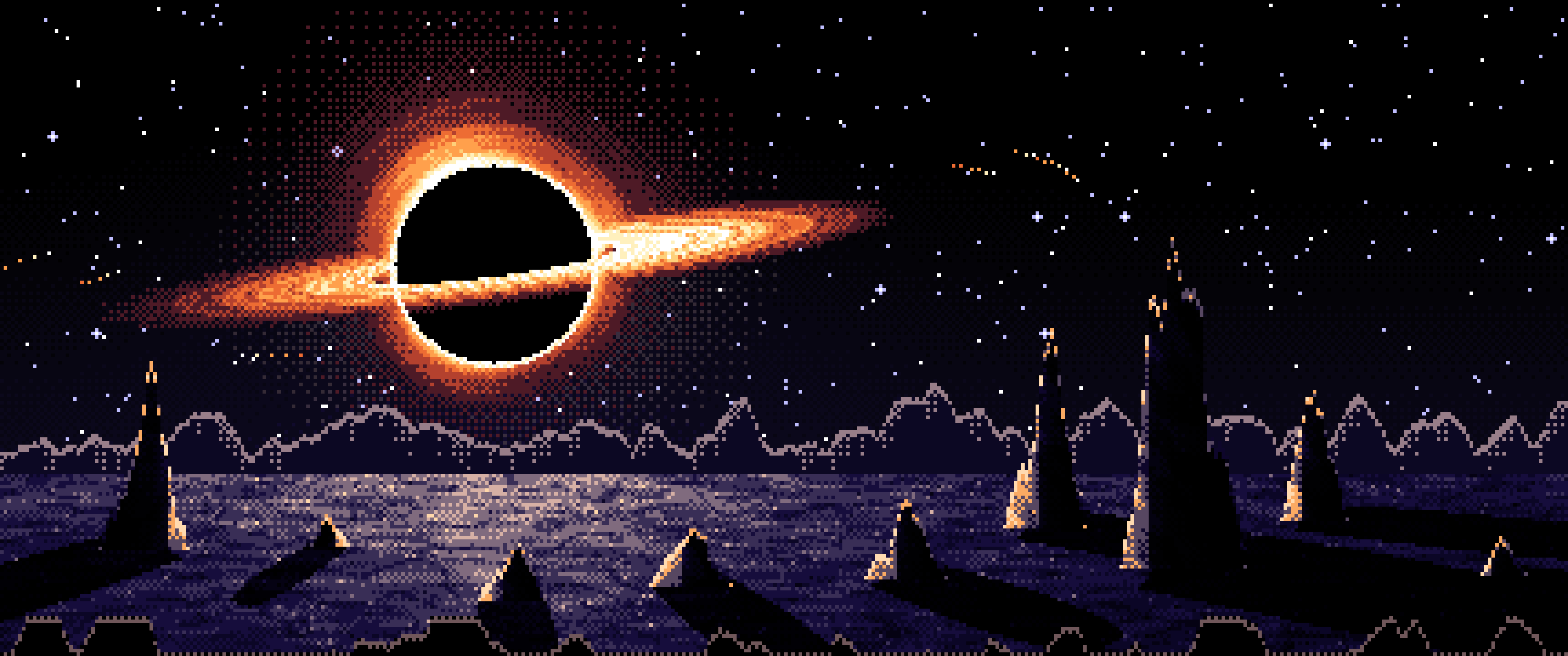 Pixel Art Black Hole Over an Alien World ultrawide wallpaper, 3440 × 1440