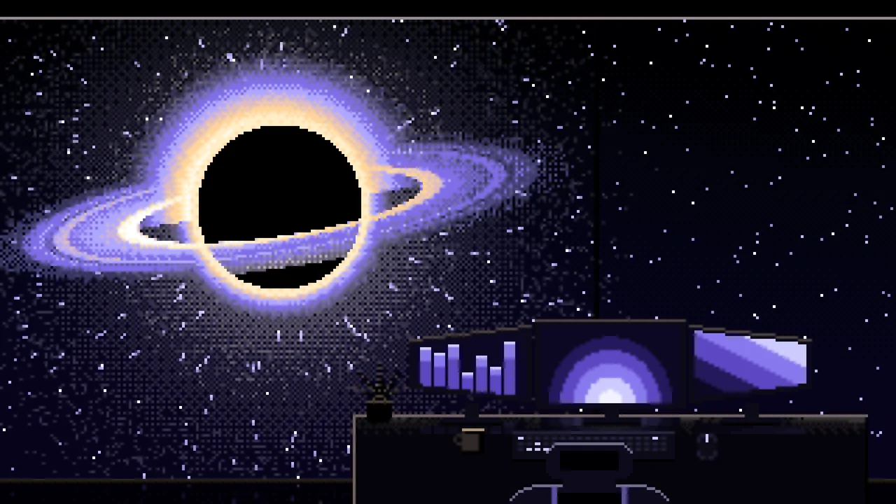 Pixel Art Gaming Setup Before a Black Hole desktop wallpaper in 4K