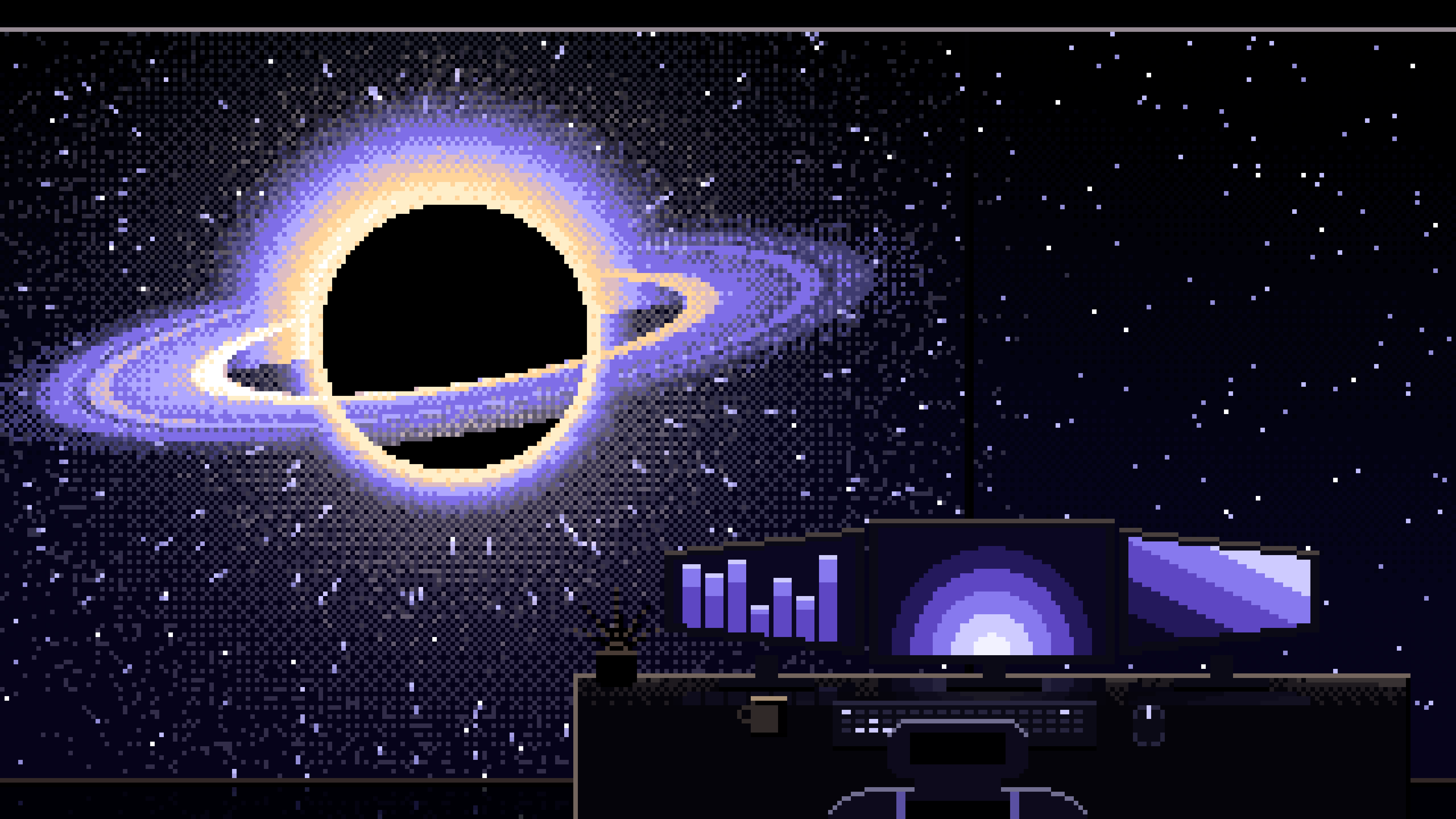 Pixel Art Gaming Setup Before a Black Hole desktop wallpaper in 4K