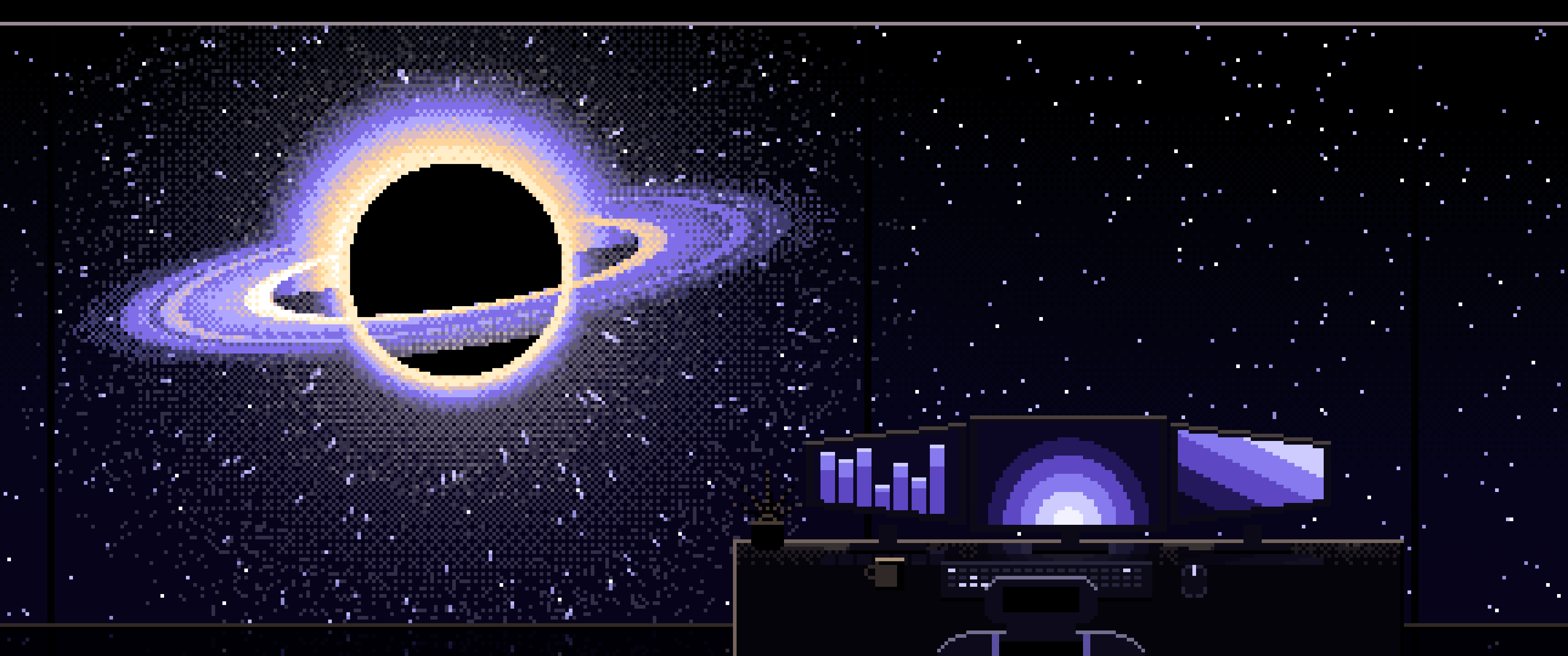 Pixel Art Gaming Setup Before a Black Hole ultrawide wallpaper, 3440 × 1440