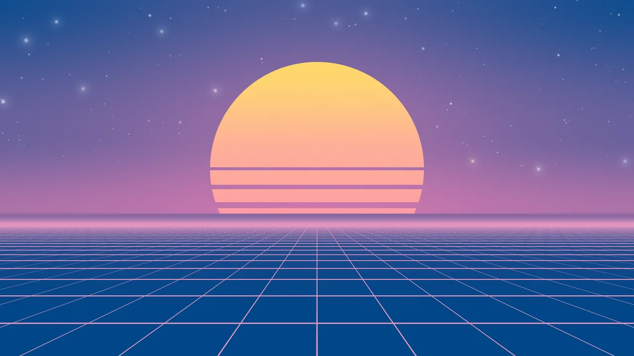 Preppy Blue and Pink Synthwave Grid Sunset desktop wallpaper in 4K