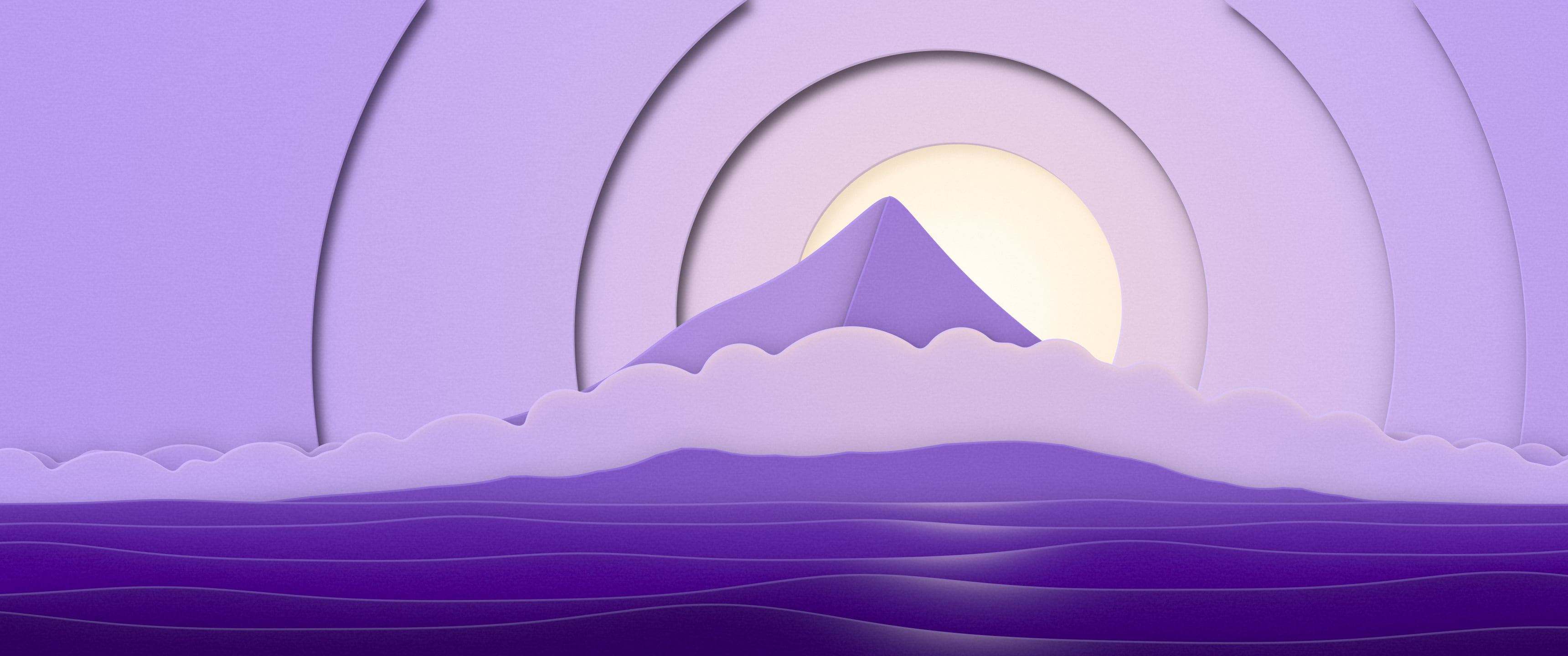 Purple 3D Paper Cut Island ultrawide wallpaper, 3440 × 1440