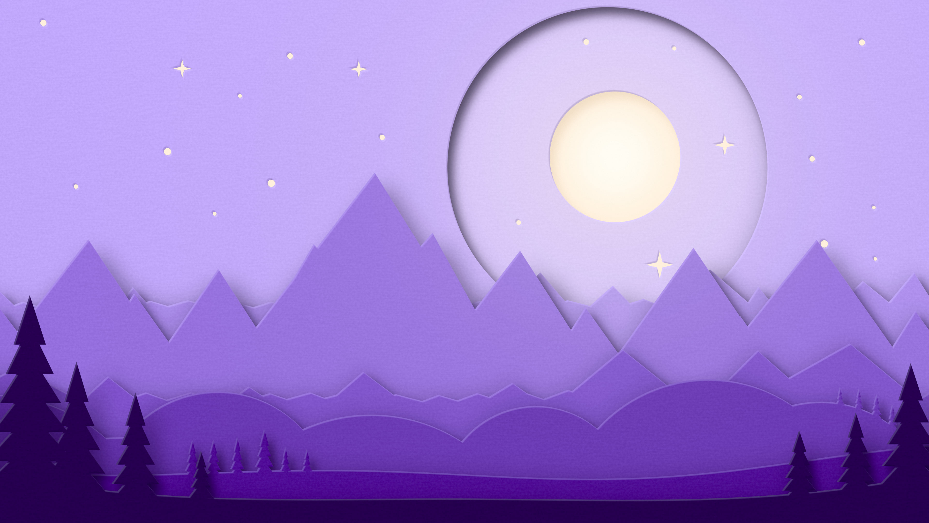 Purple 3D Paper Cut Mountains and Moon desktop wallpaper in 4K