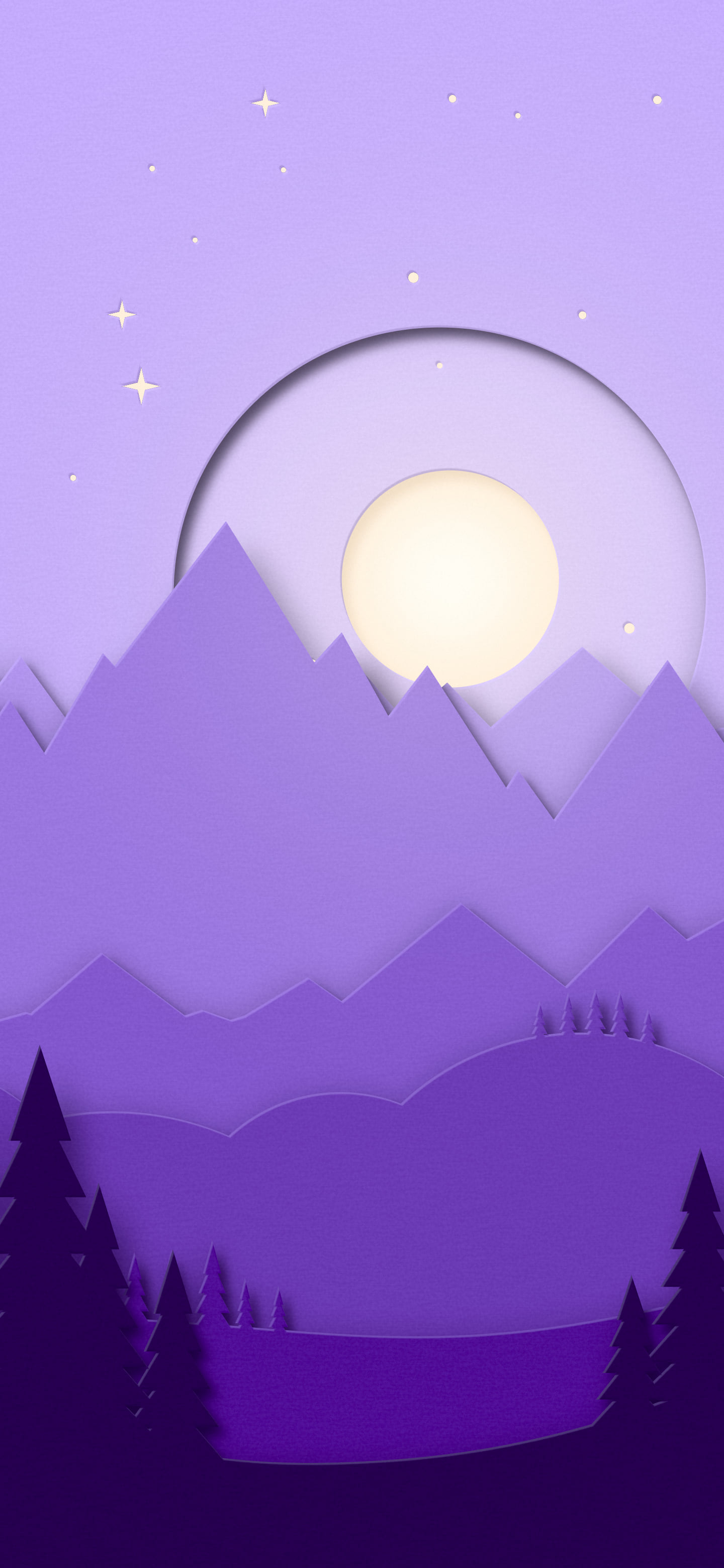 Purple 3D Paper Cut Mountains and Moon wallpaper for iPhone and Android