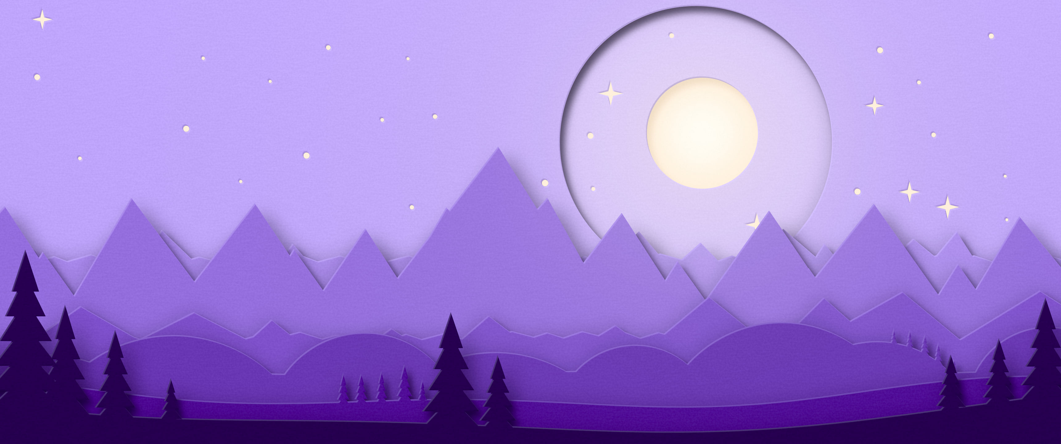 Purple 3D Paper Cut Mountains and Moon ultrawide wallpaper, 3440 × 1440
