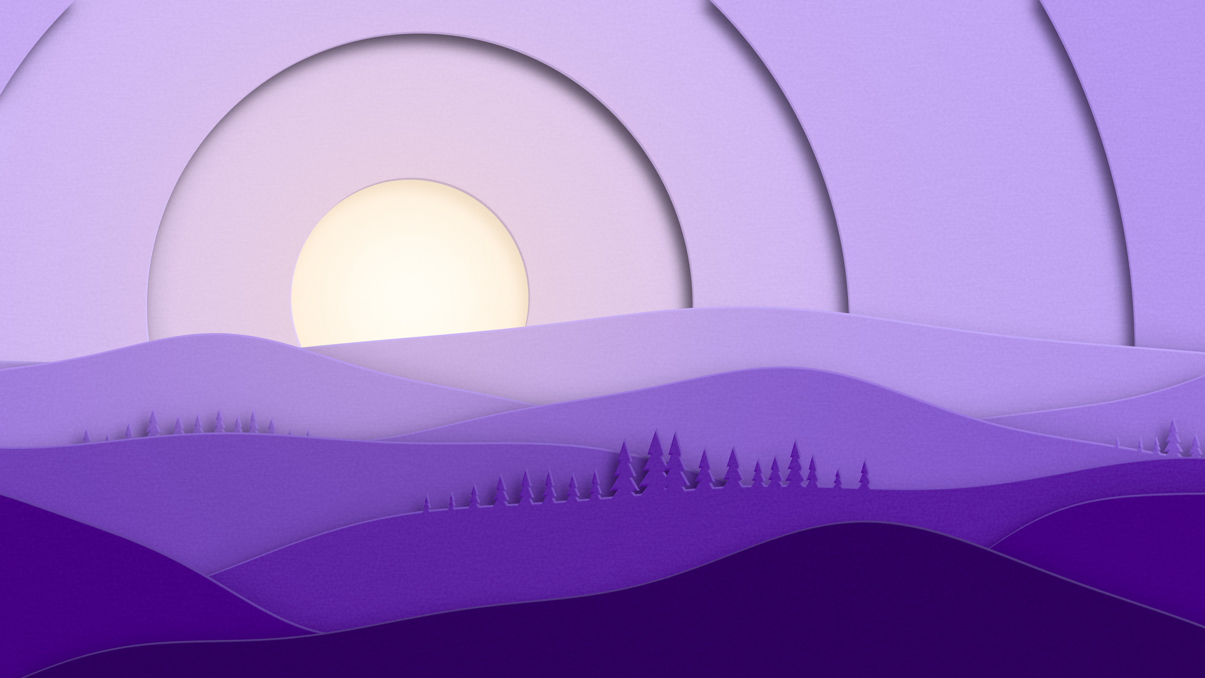Purple 3D Paper Cut Rolling Hills desktop wallpaper in 4K