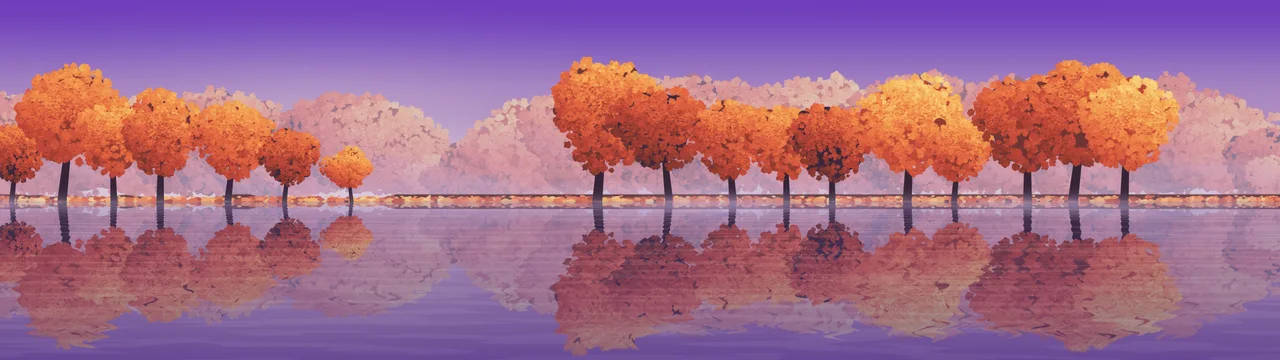 Purple Autumn Lake dual monitor wallpaper, 7680 × 2160