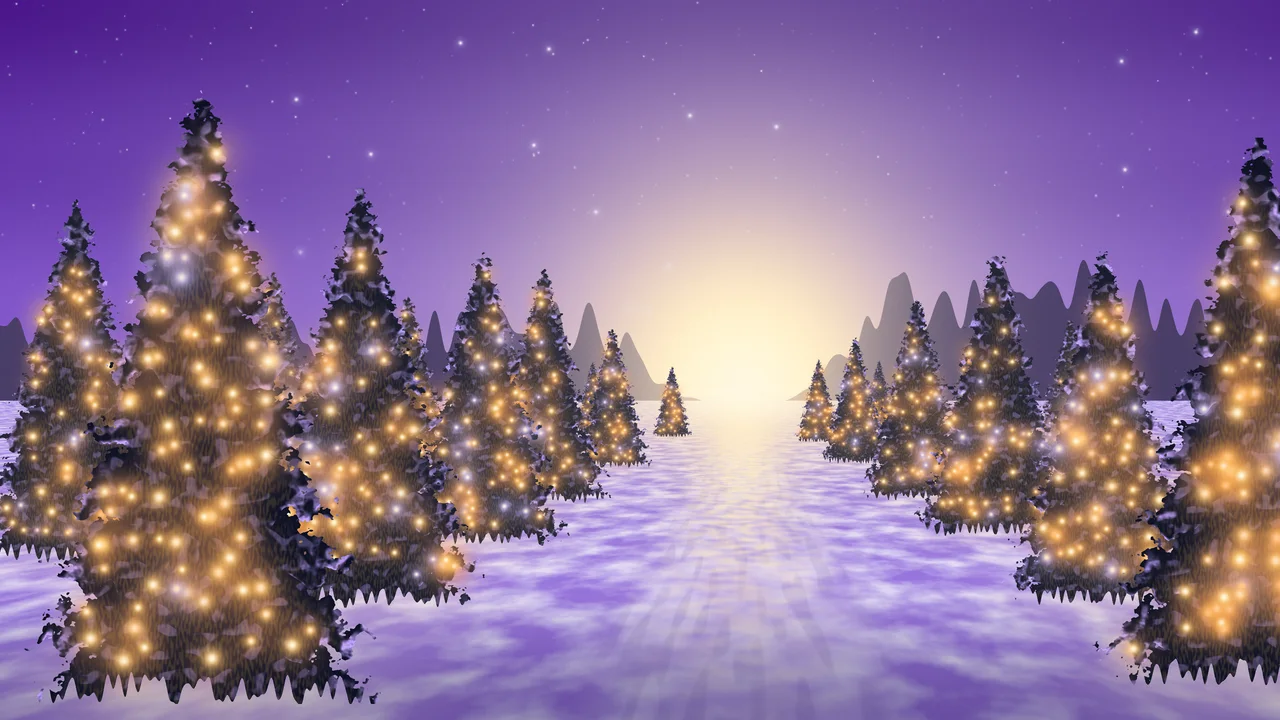 Purple Christmas Lights Forest Path desktop wallpaper in 4K