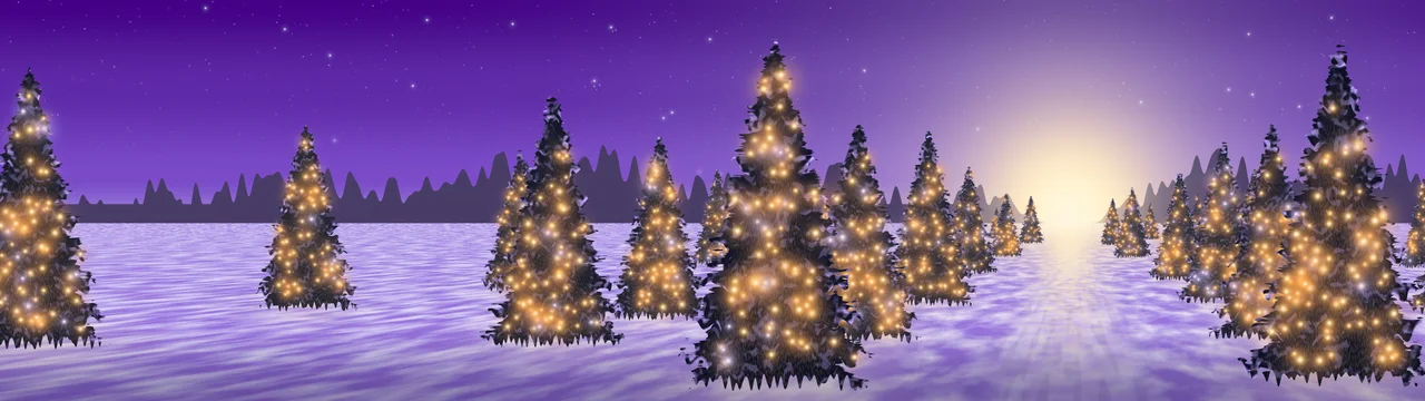 Purple Christmas Lights Forest Path dual monitor wallpaper, 7680 × 2160